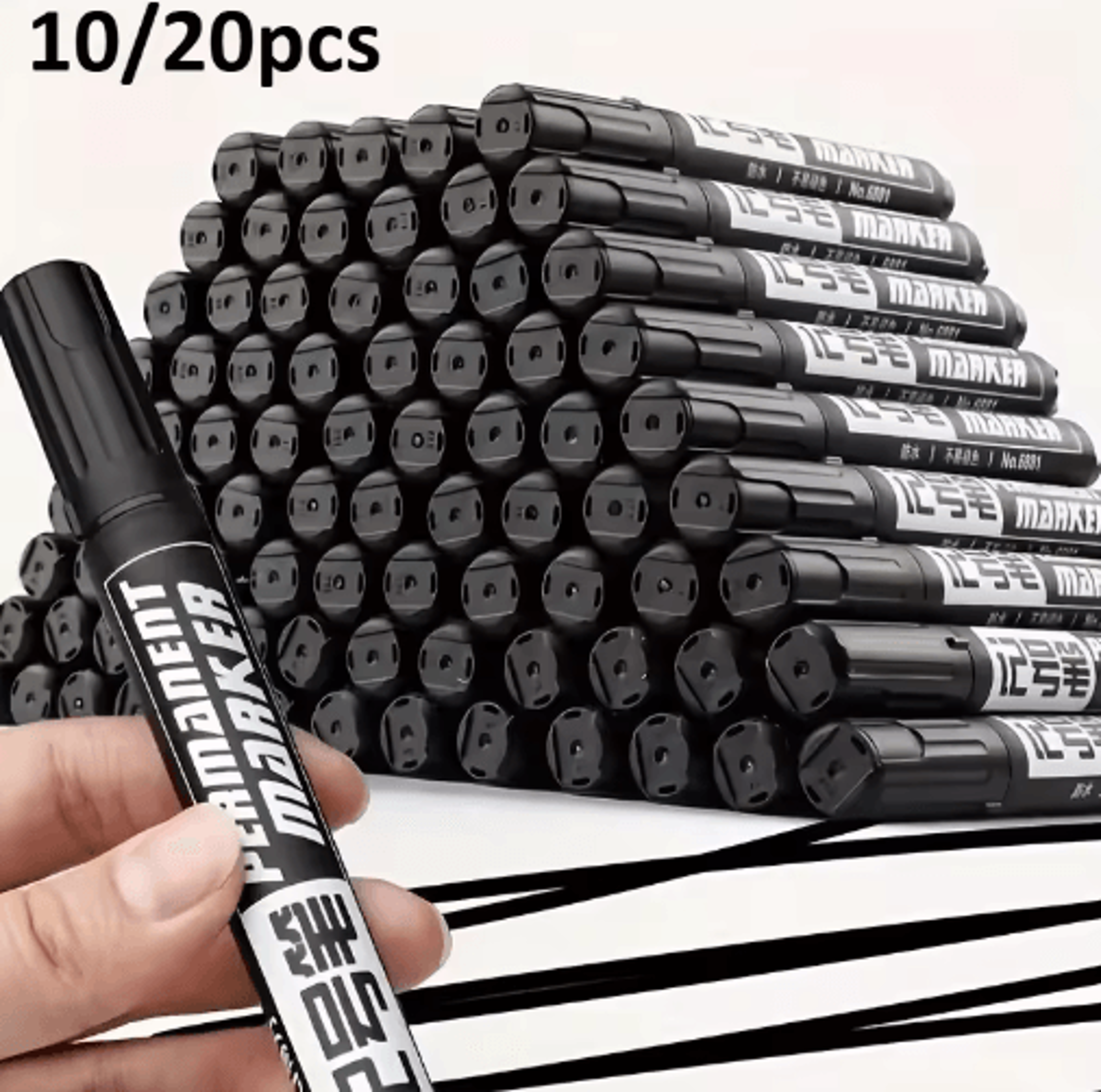 10/20pcs black permanent marker set – waterproof high-capacity multi-surface pens