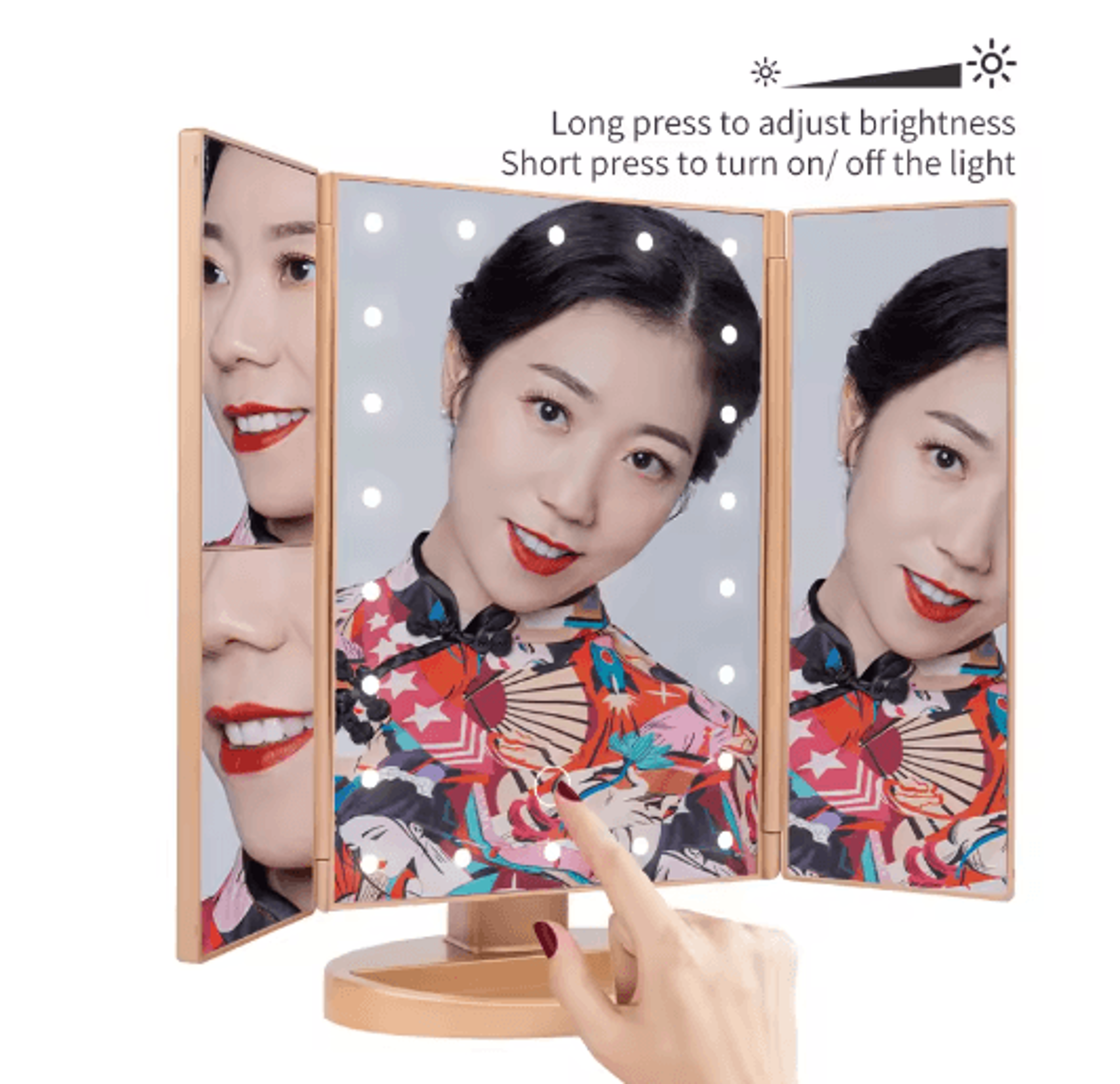 led trifold vanity makeup mirror – 2x/3x magnification with touch control