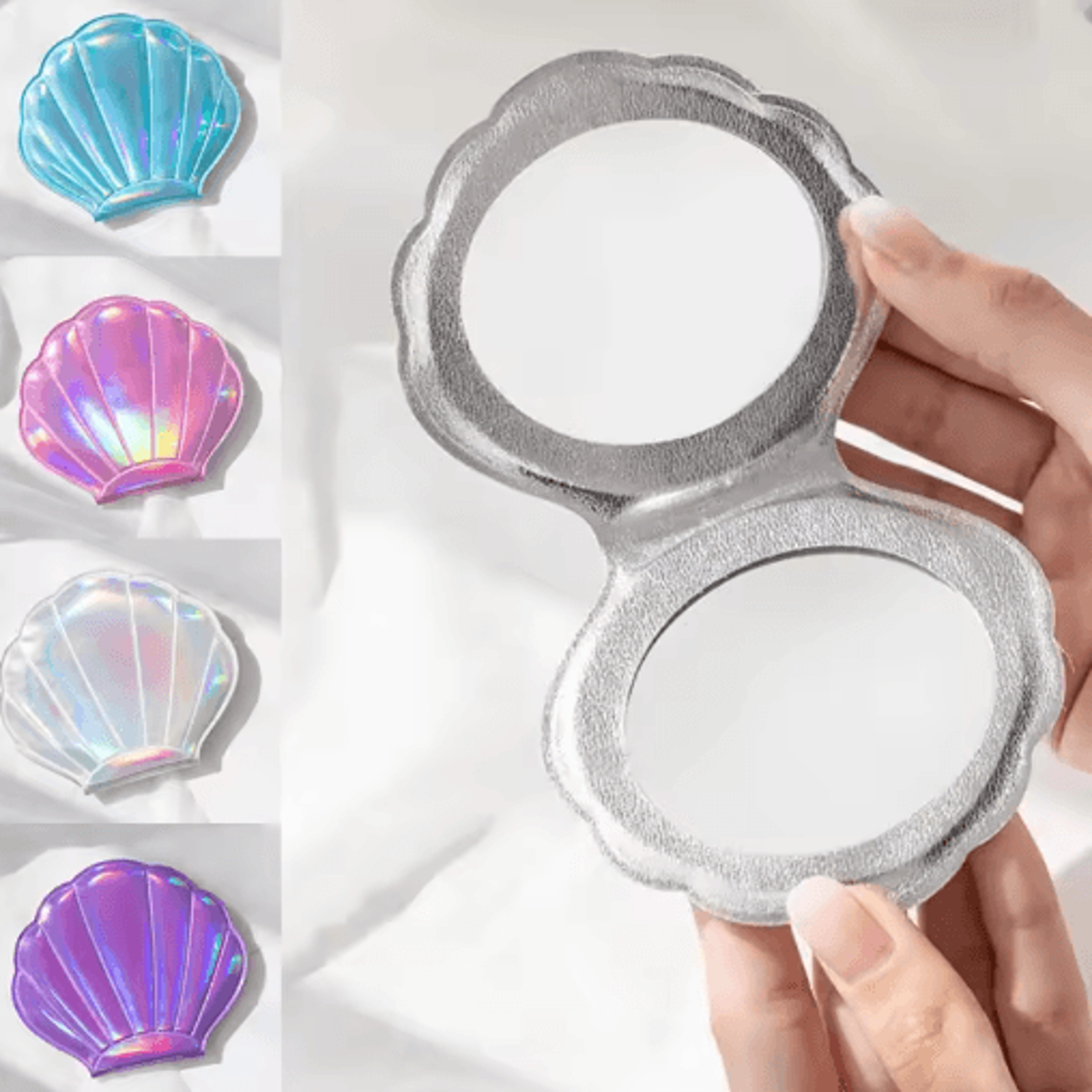 dream laser shell makeup mirror – 2x magnifying double-sided pocket mirror