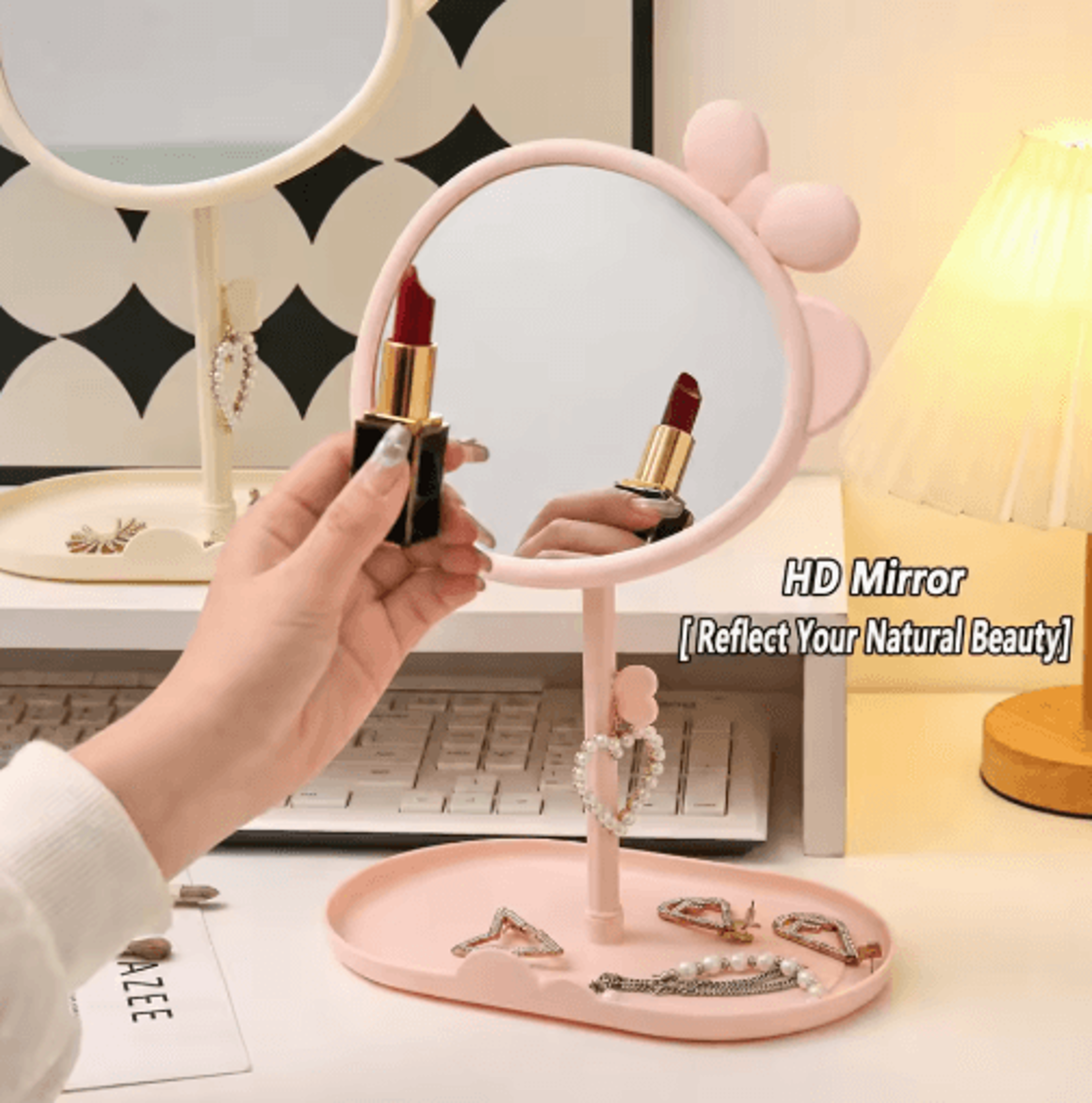 cute bowknot vanity mirror – 360° rotating makeup mirror with jewelry tray