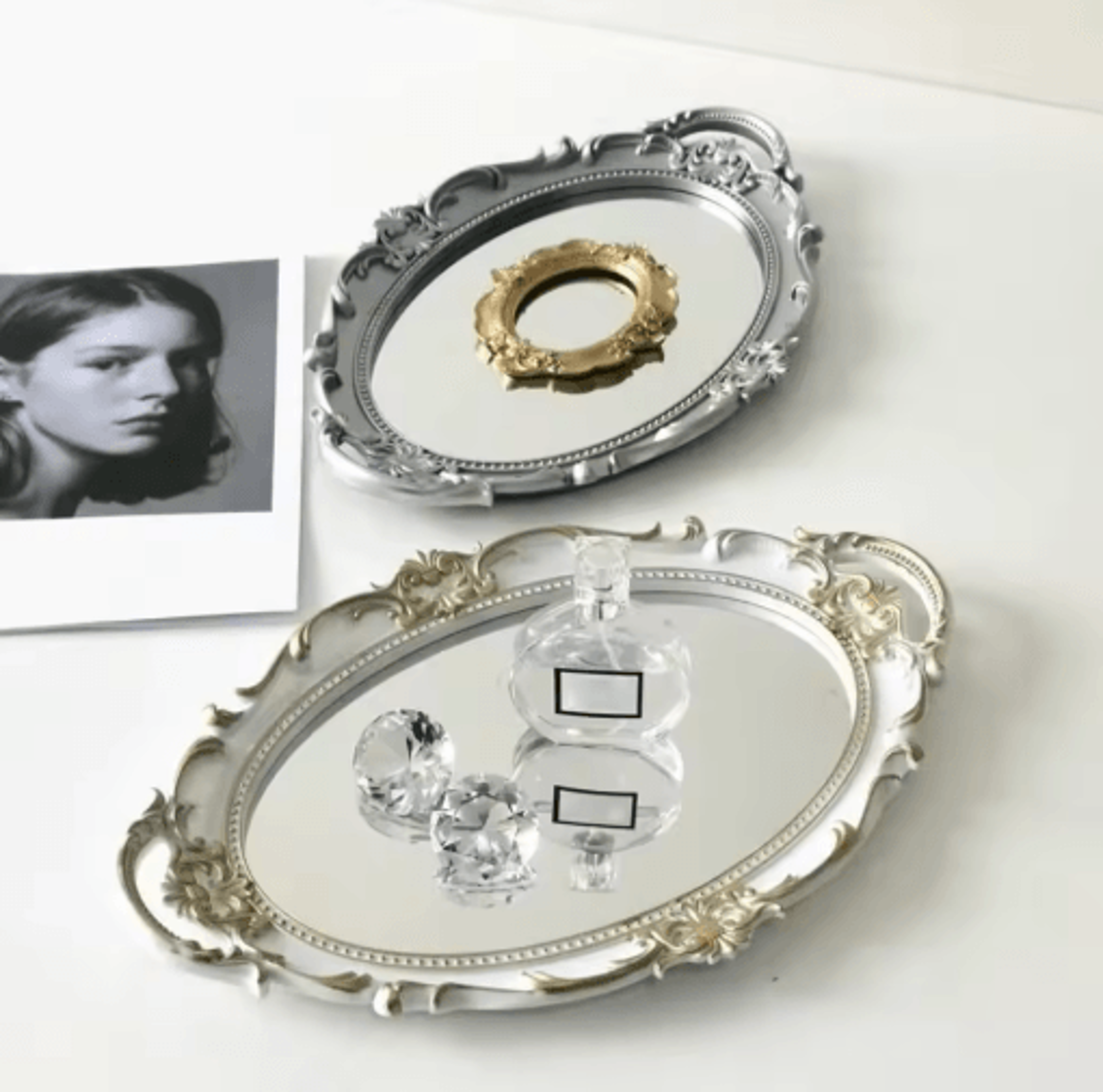 french vintage oval mirror tray – decorative glass vanity & jewelry display