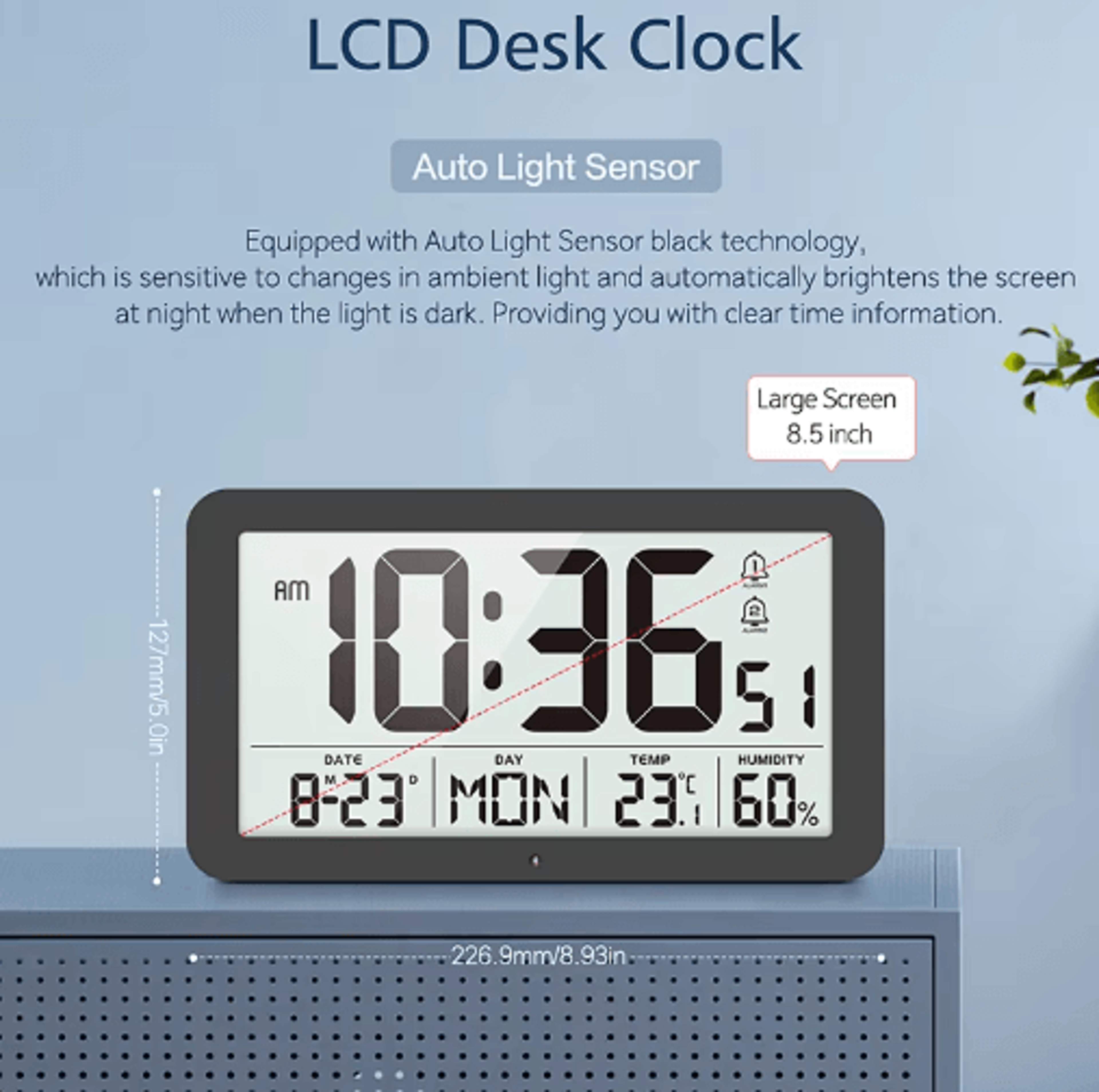 8.5 digital wall & desk clock – lcd alarm clock with temperature, humidity & calendar