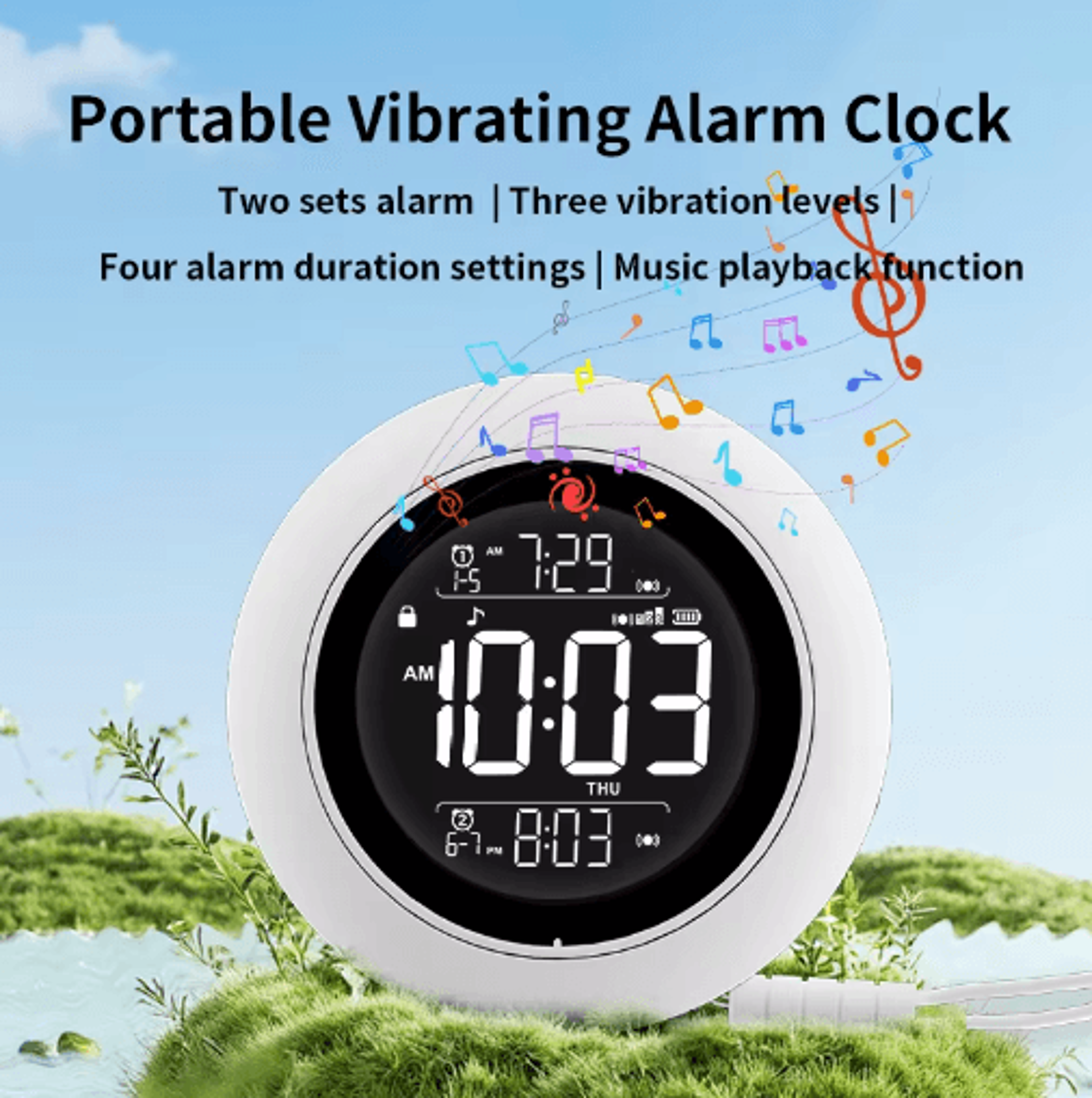 portable vibration alarm clock – 4-alarm bedside digital clock with snooze
