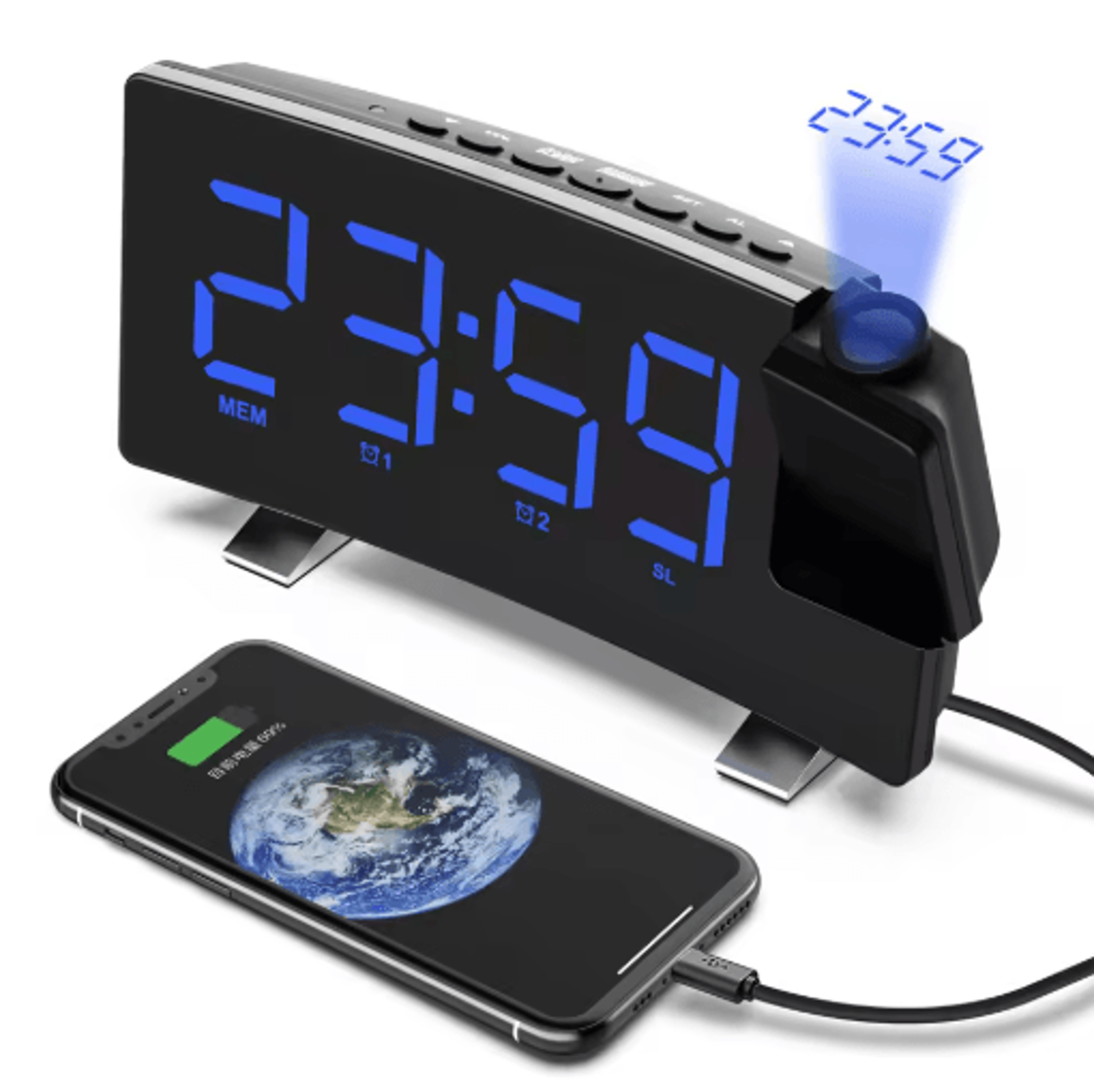 180° projection digital alarm clock – large led bedroom clock for wall & ceiling