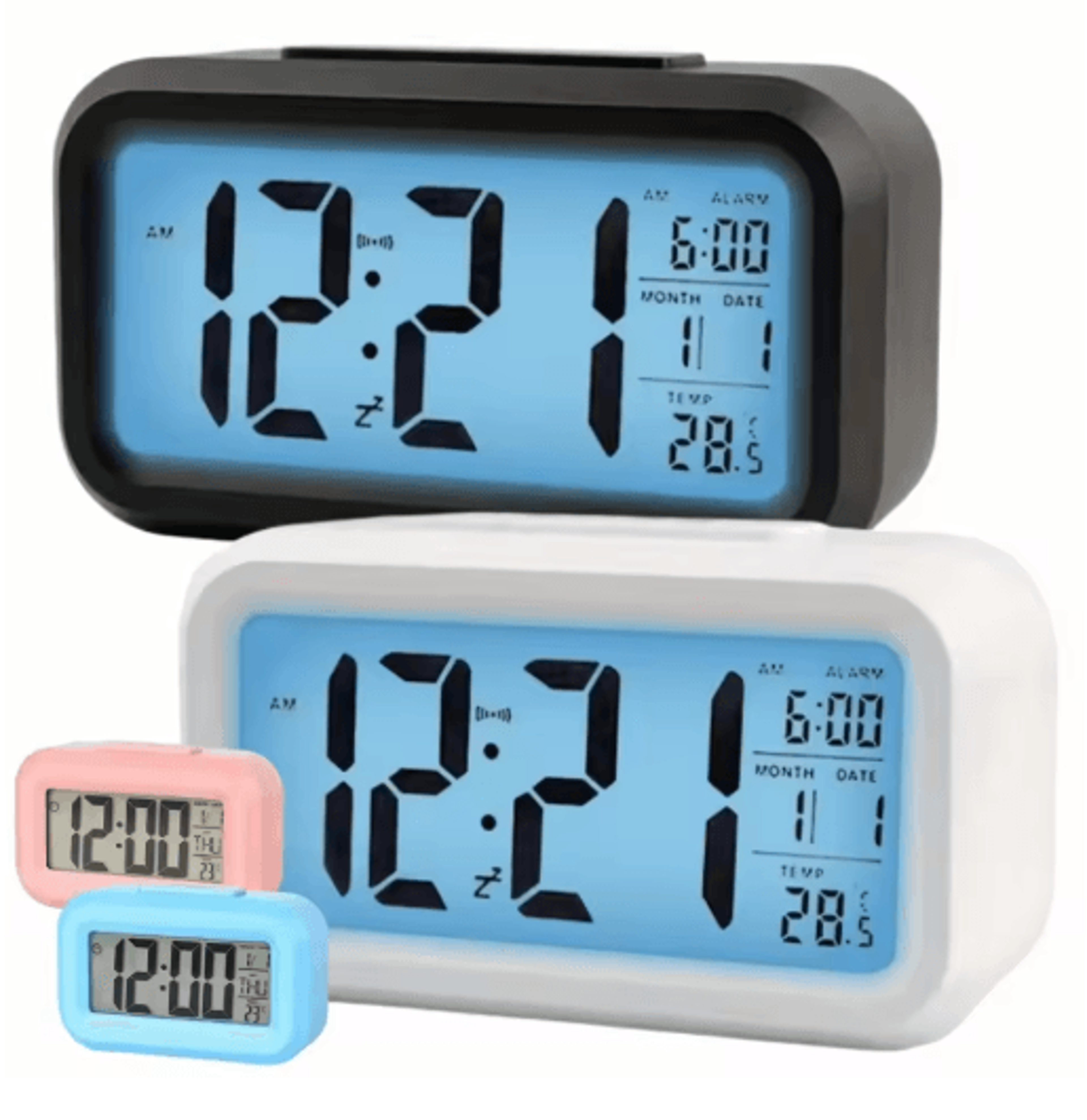 smart lcd digital alarm clock – led light, calendar & temperature display