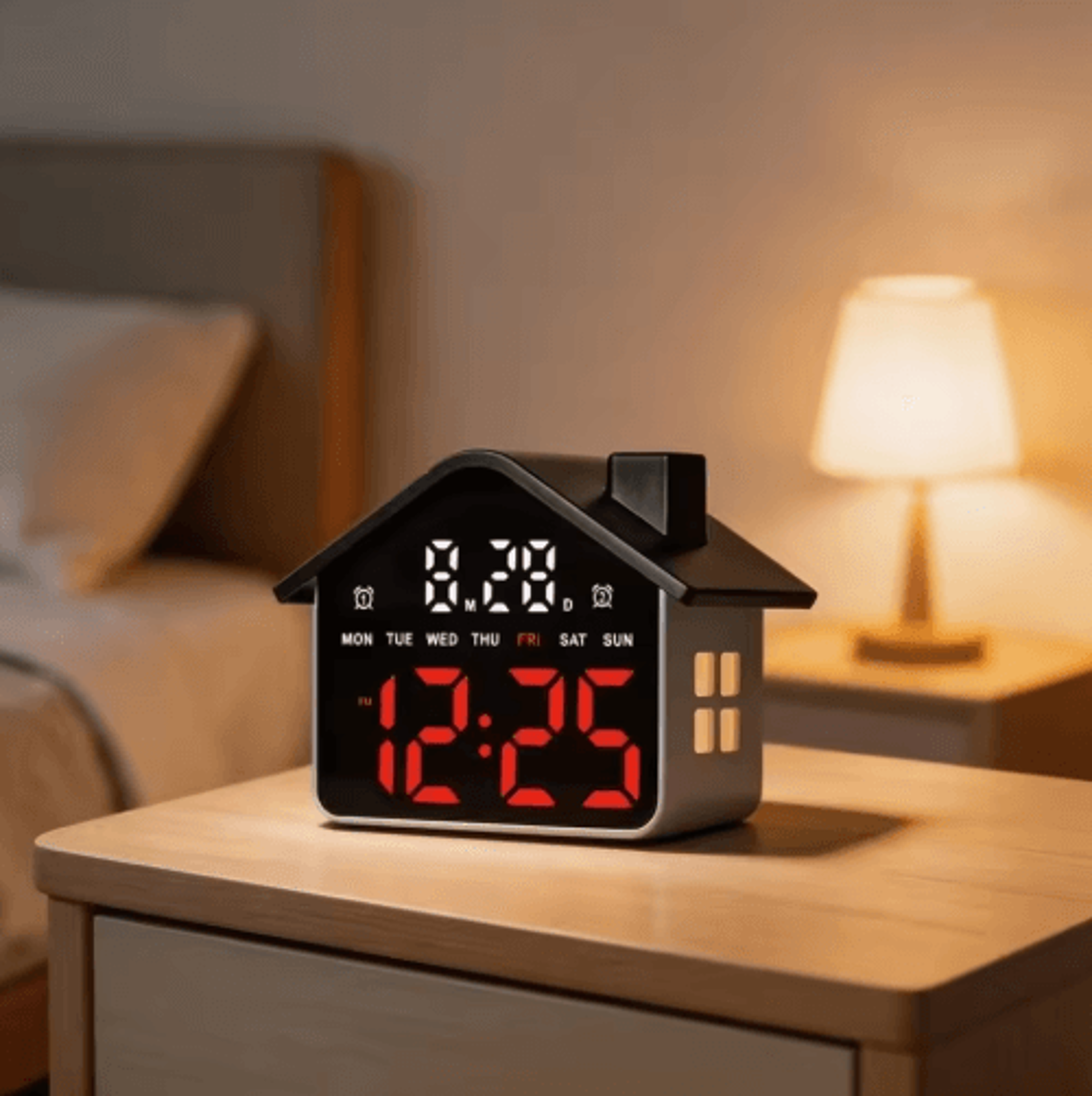 house-shaped led alarm clock – dimmable night light with date & week display