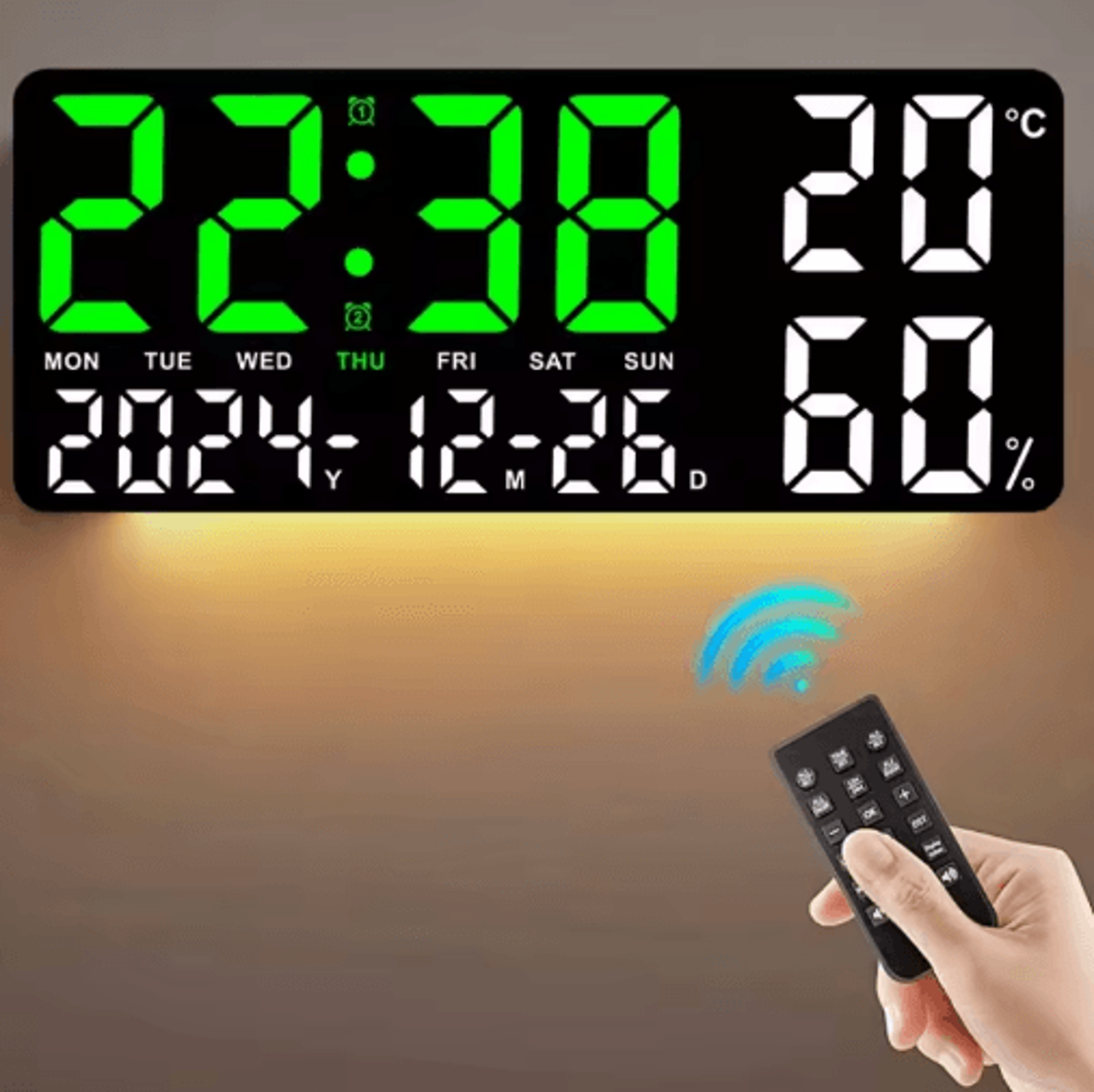 large digital wall clock – 7-color mood light, dual alarms & countdown timer