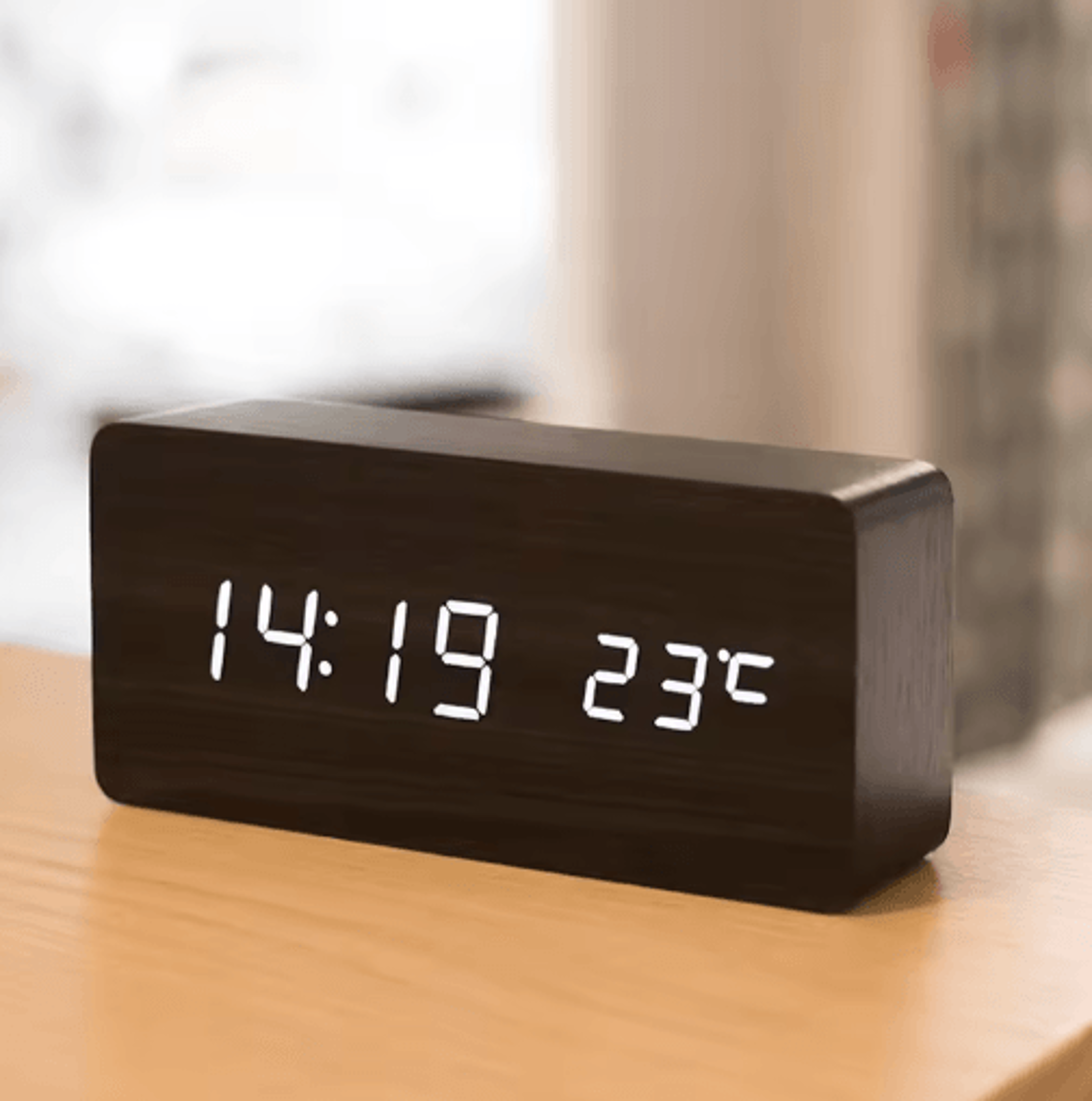 wood square digital alarm clock – voice control led desk clock with snooze