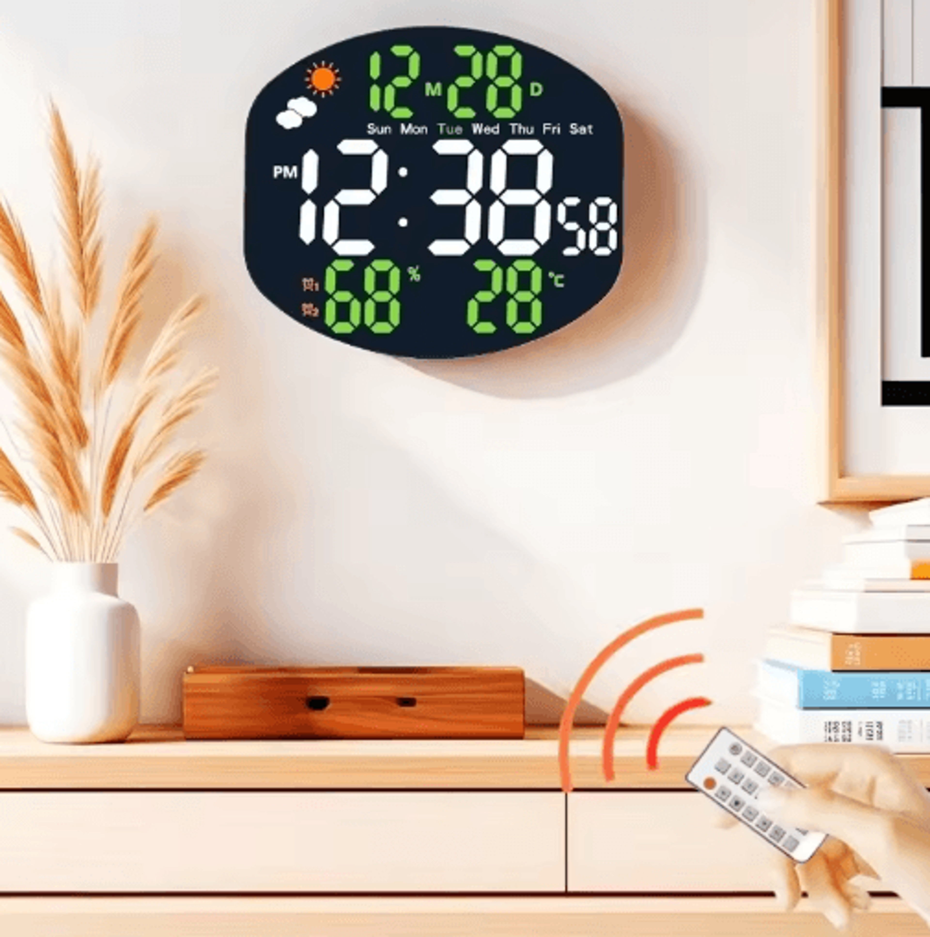 large digital weather station clock – temperature, humidity, date & dual alarm display