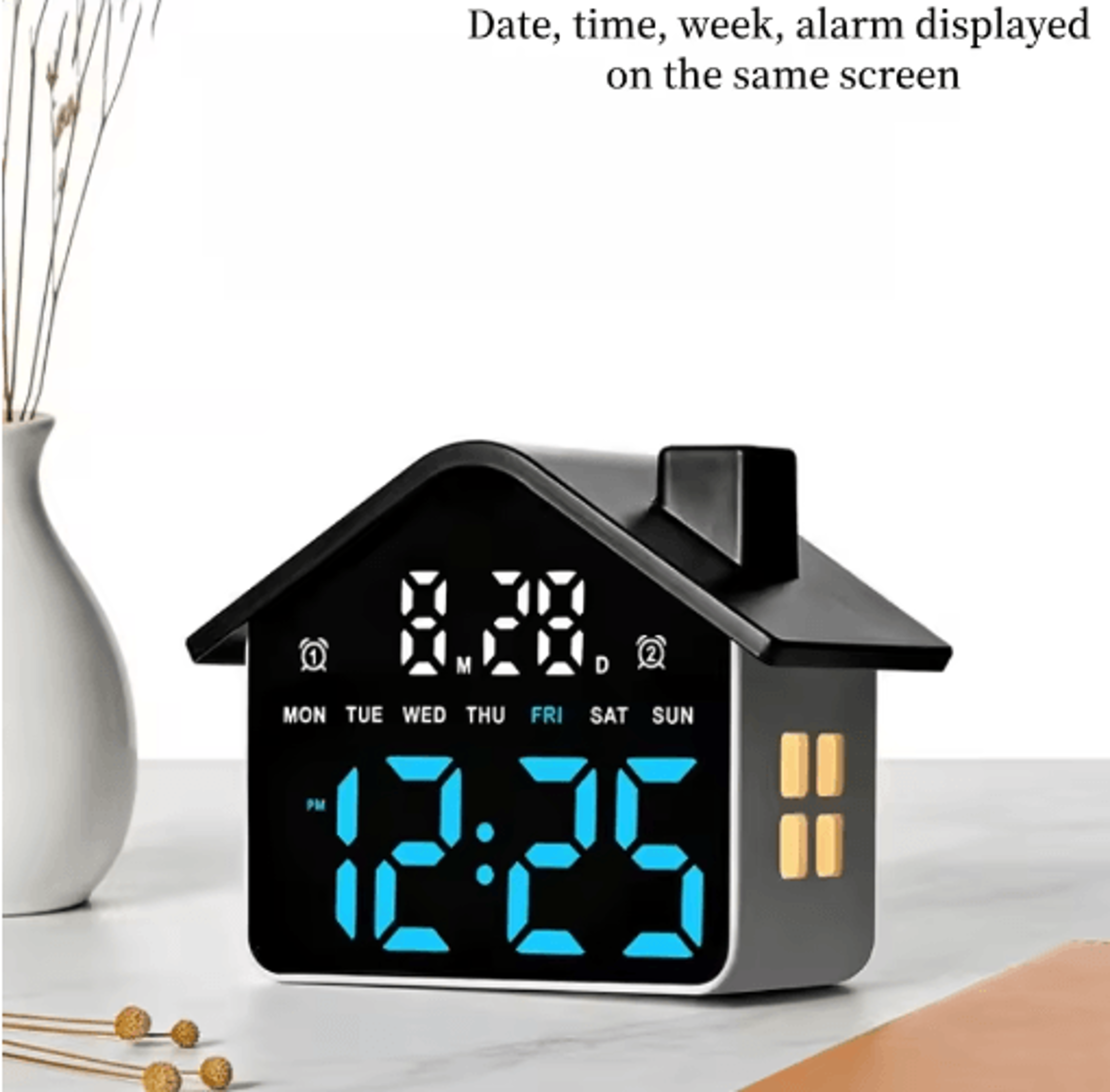 house-shaped led alarm clock – voice control night light with date & week display