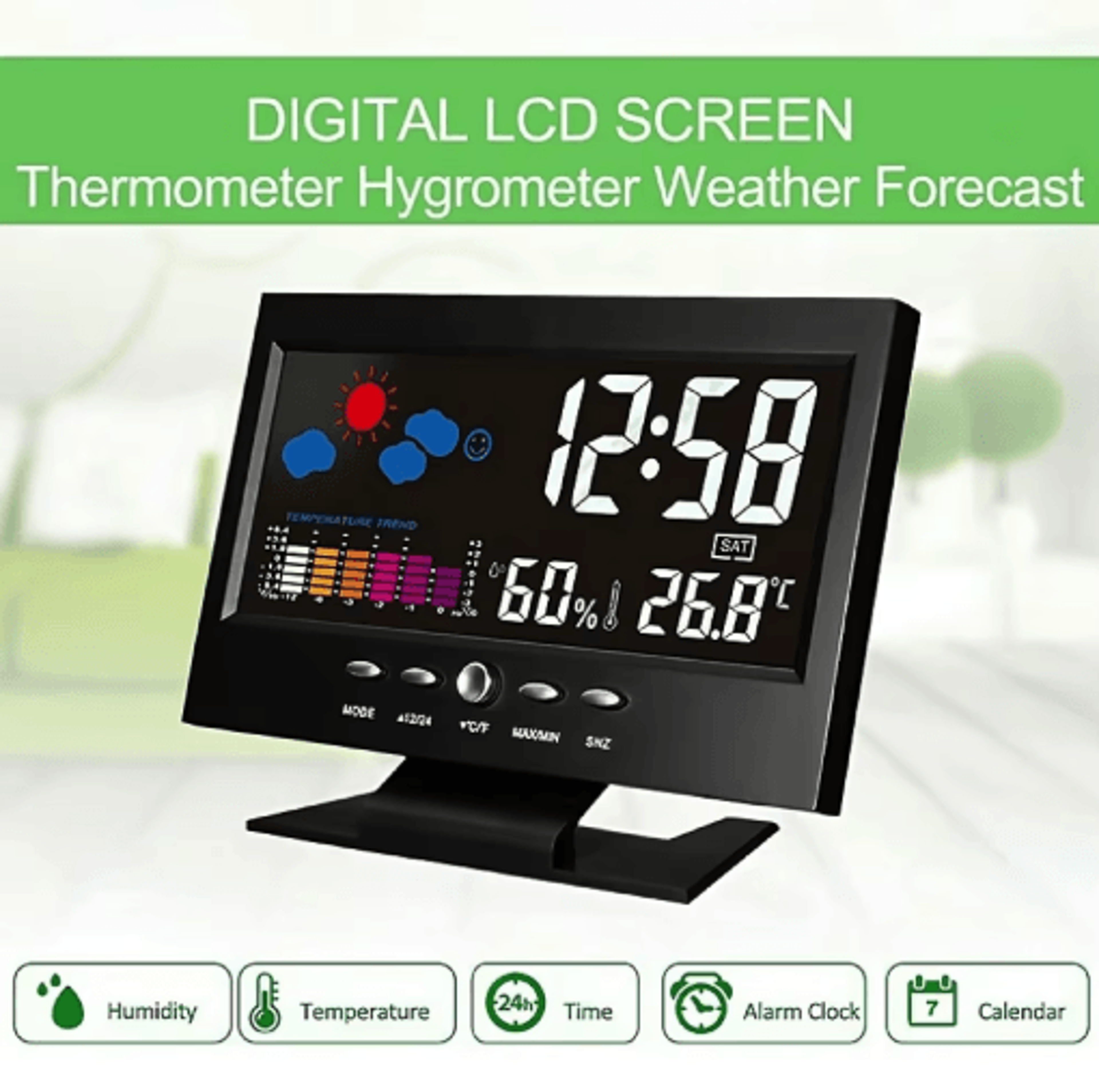 digital weather forecast clock – temperature, humidity & voice-activated backlight