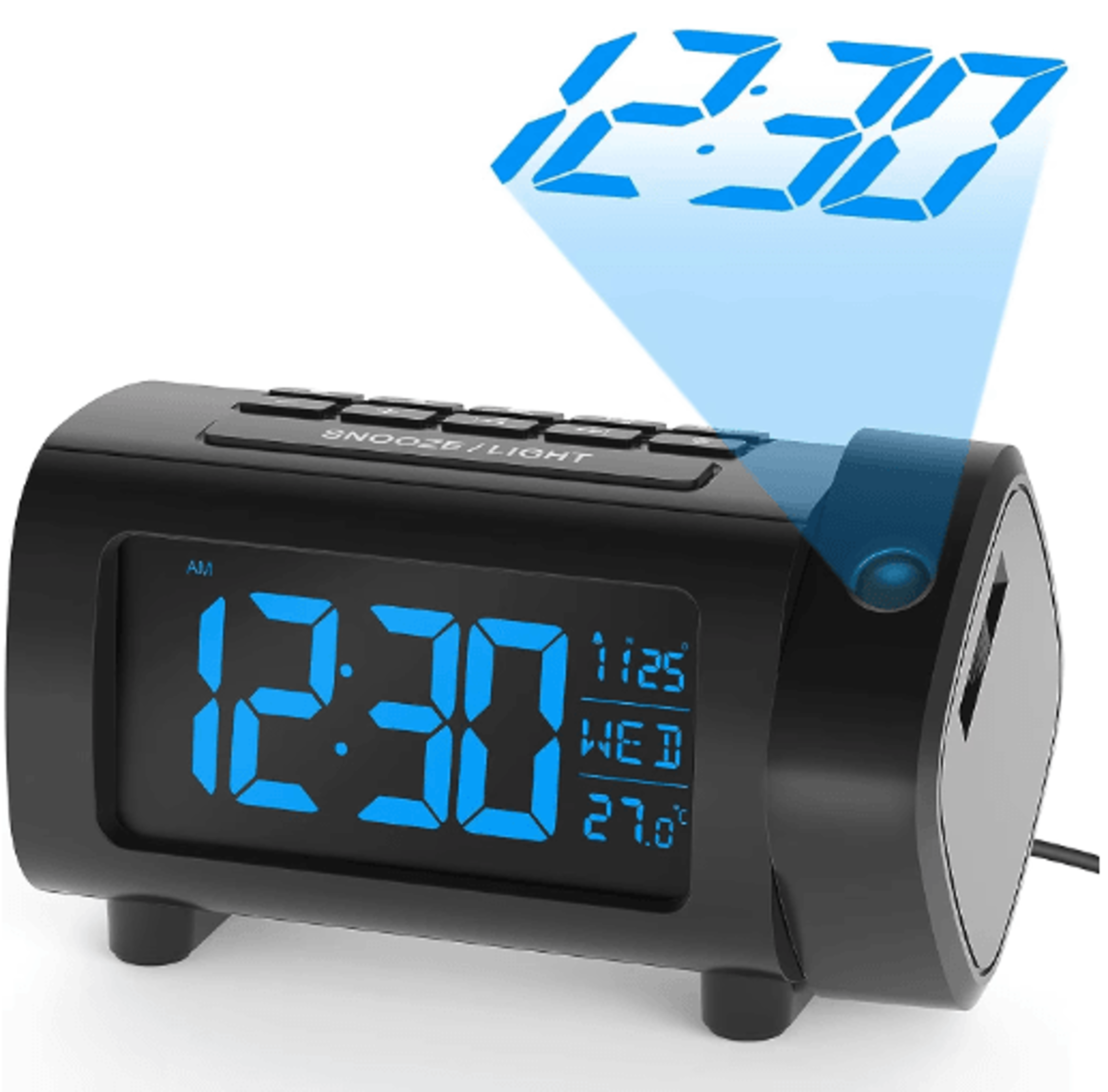 180° projection alarm clock radio – digital bedside clock with snooze & usb charging