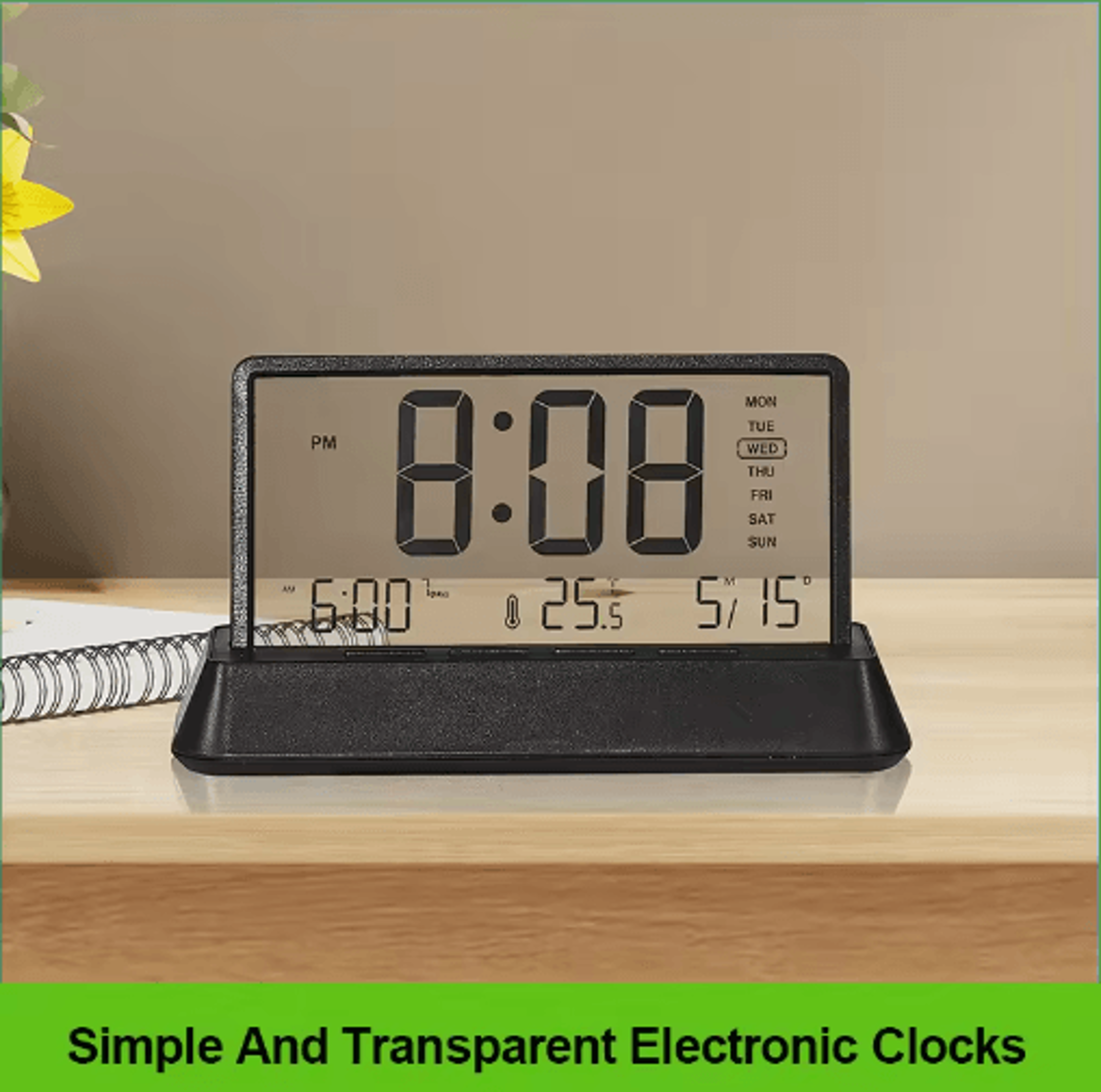 transparent digital alarm clock – clear display with temperature, date & snooze