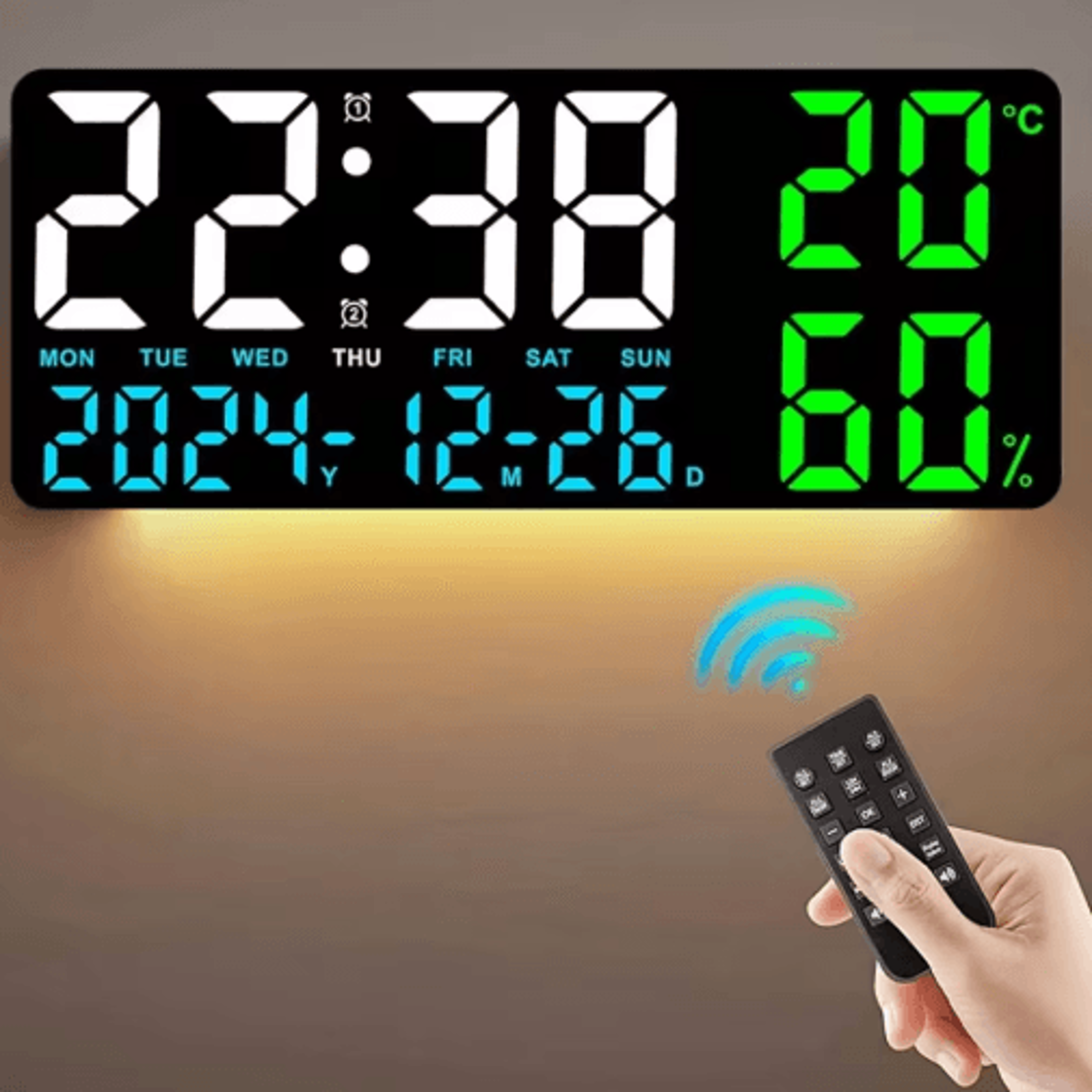 large digital wall clock 7-color mood light, dual alarms & countdown timer