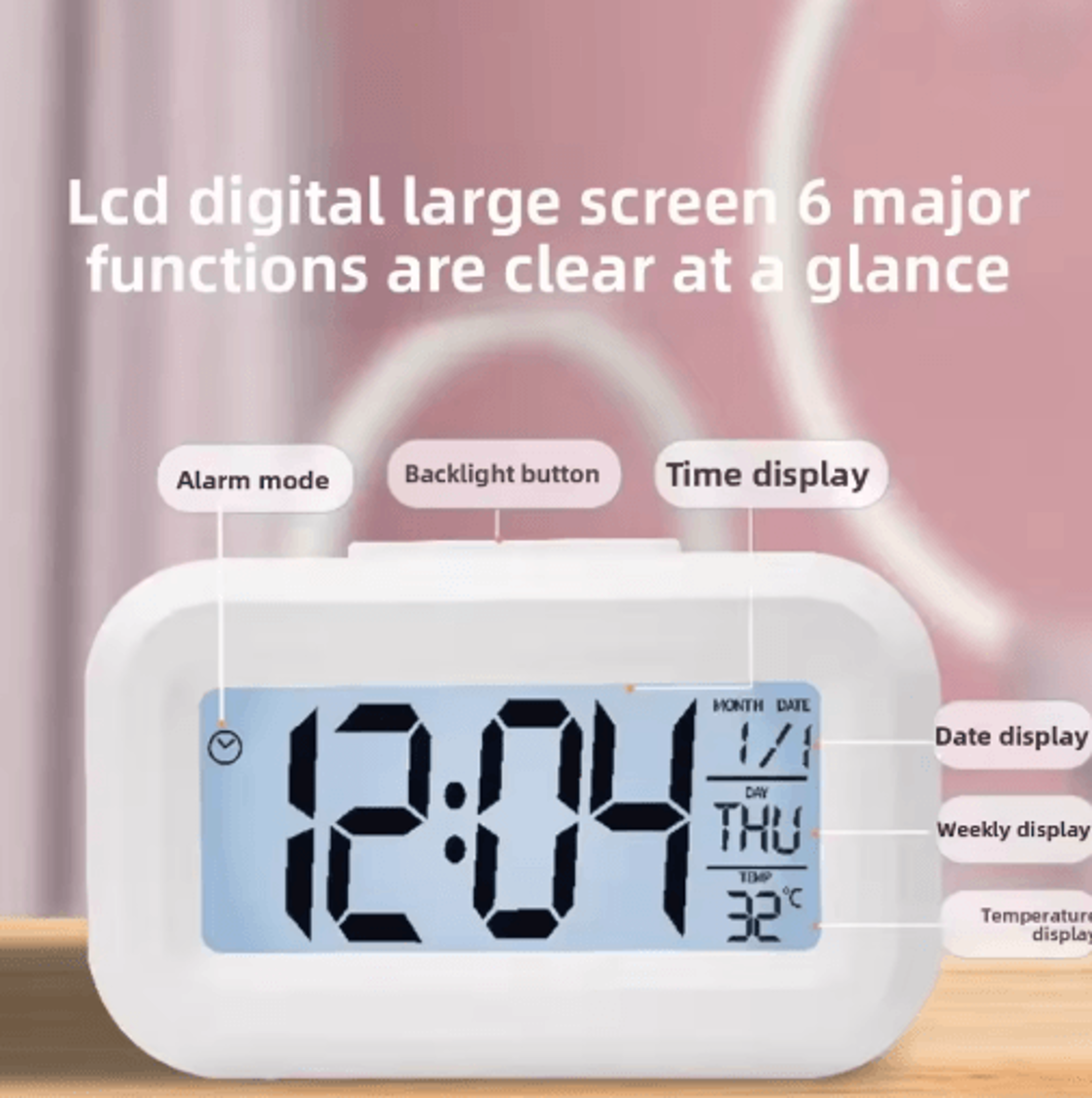 kids digital bedside alarm clock – date & temperature display for bedroom or desk