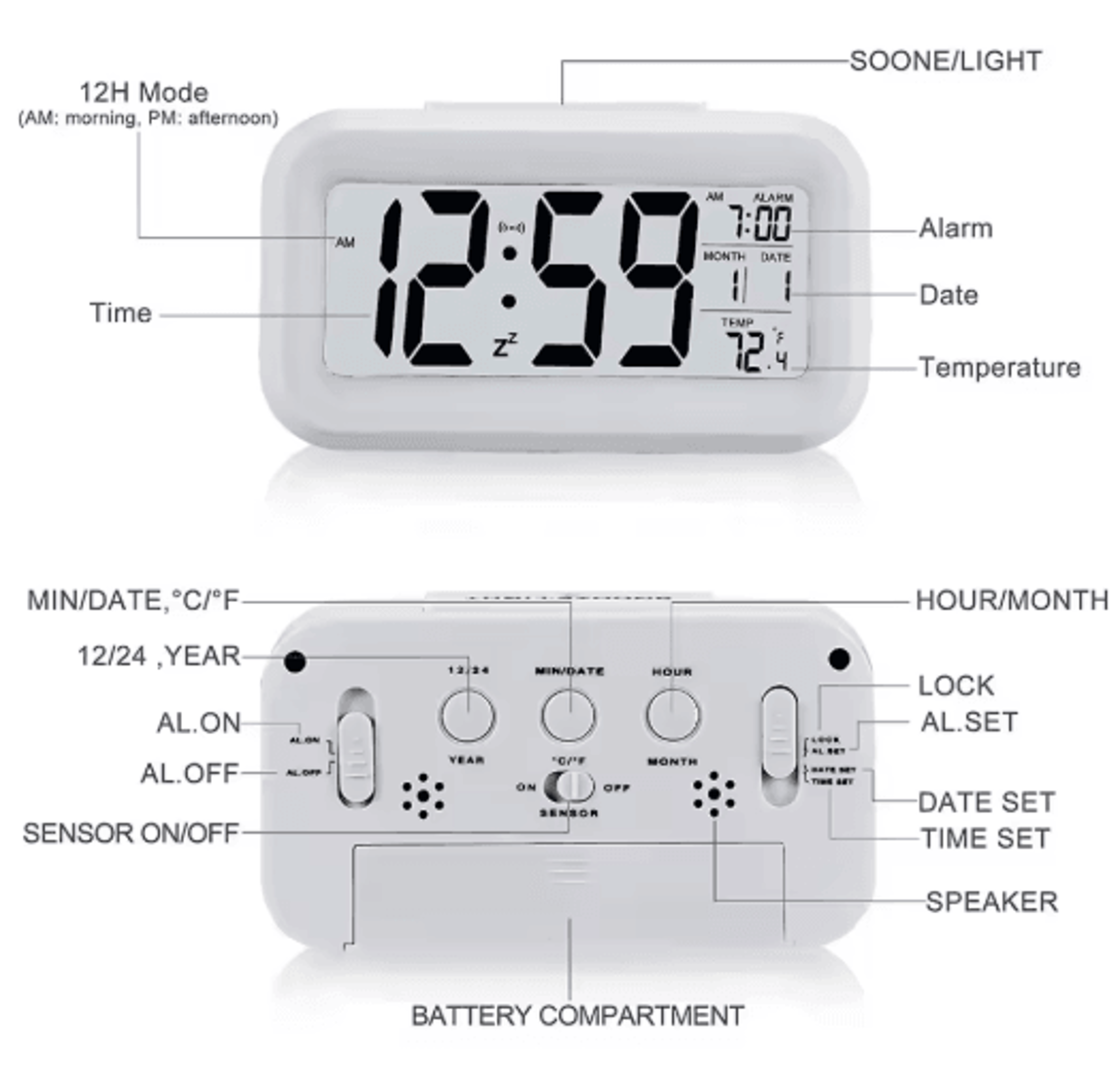 led digital alarm clock – backlit desk clock with snooze & calendar