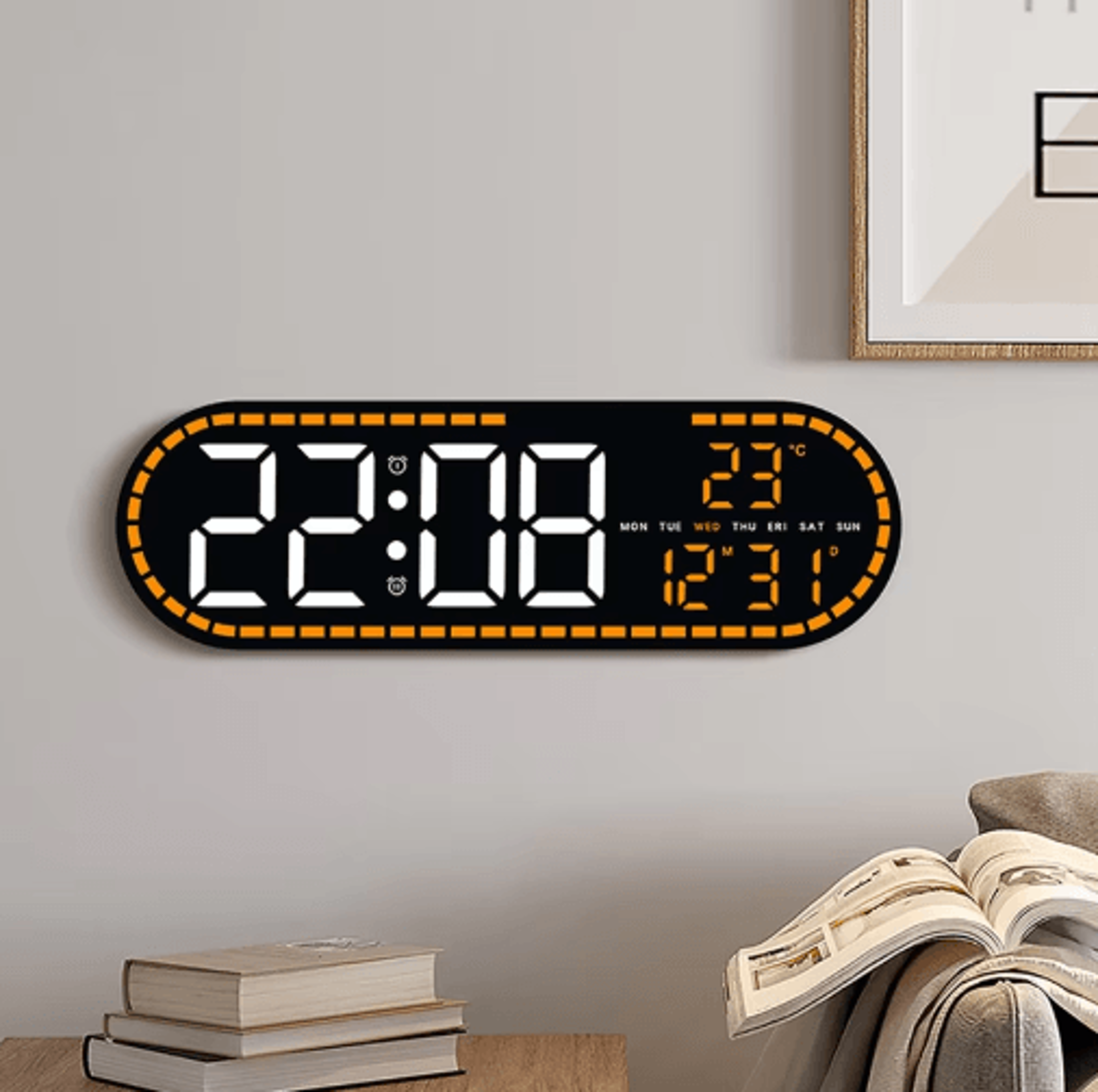 large digital wall clock – led temperature, date & week display with alarm