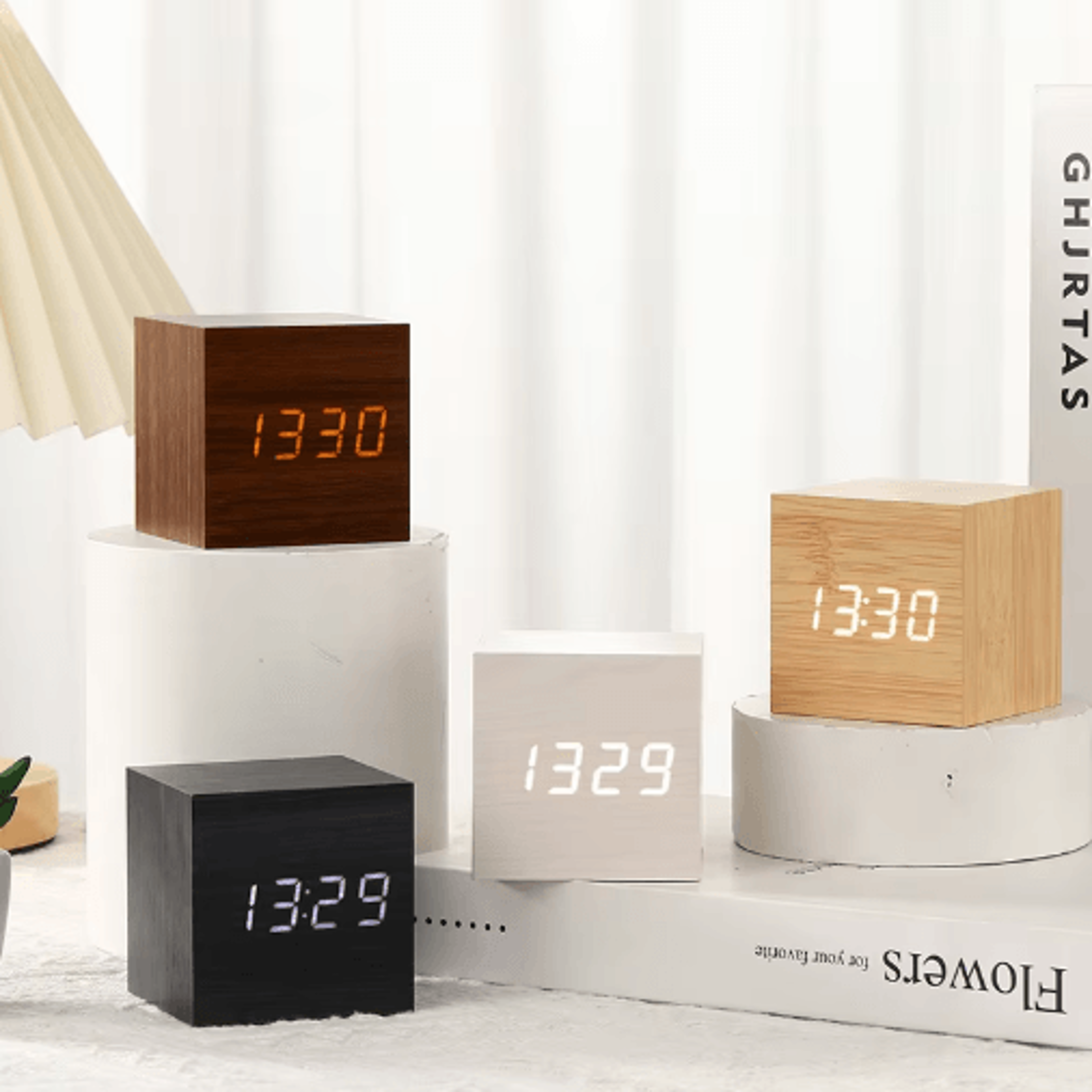 square wooden led alarm clock – retro voice control desktop clock