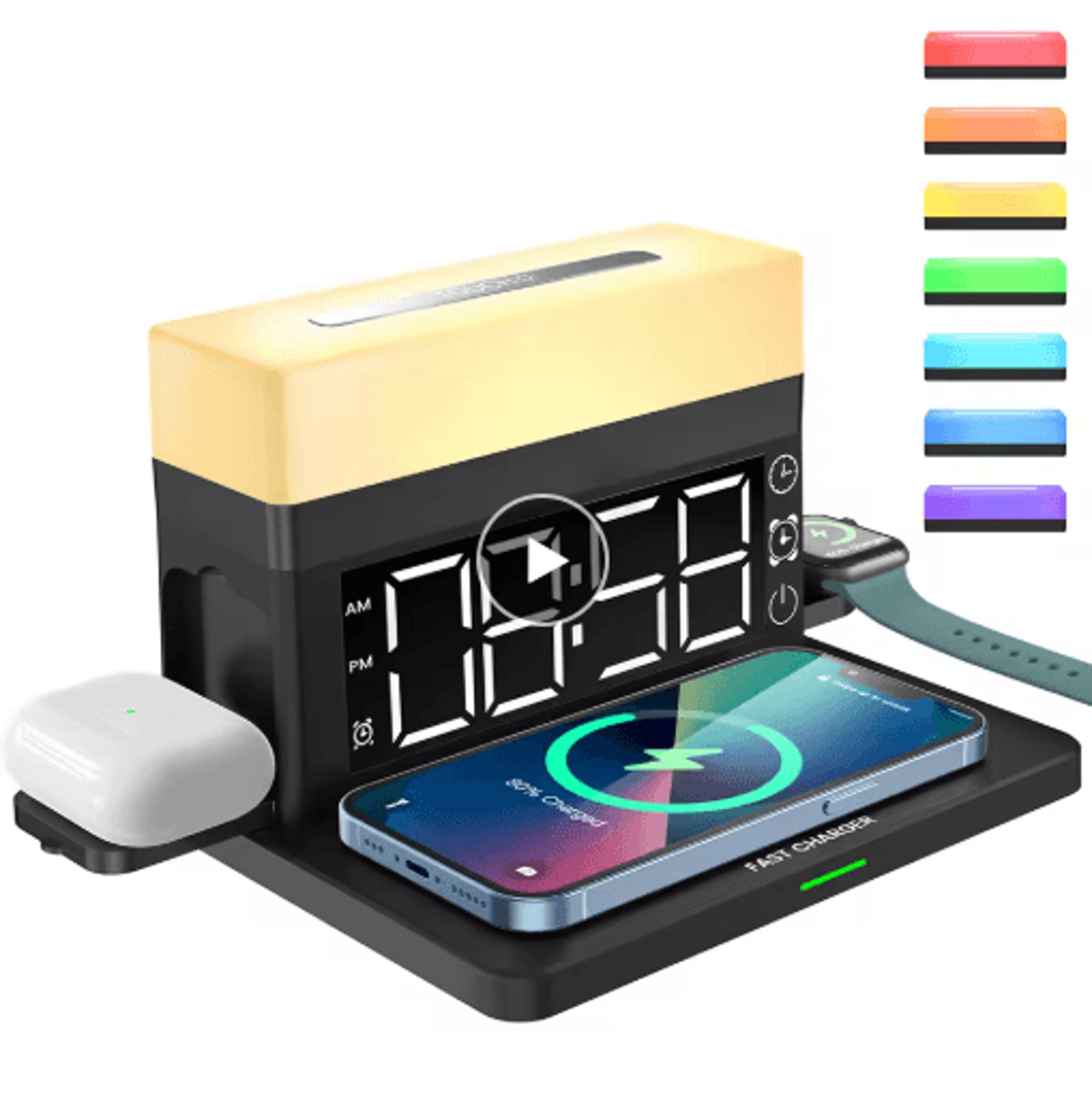 6-in-1 digital alarm clock – 15w wireless charging station & night light