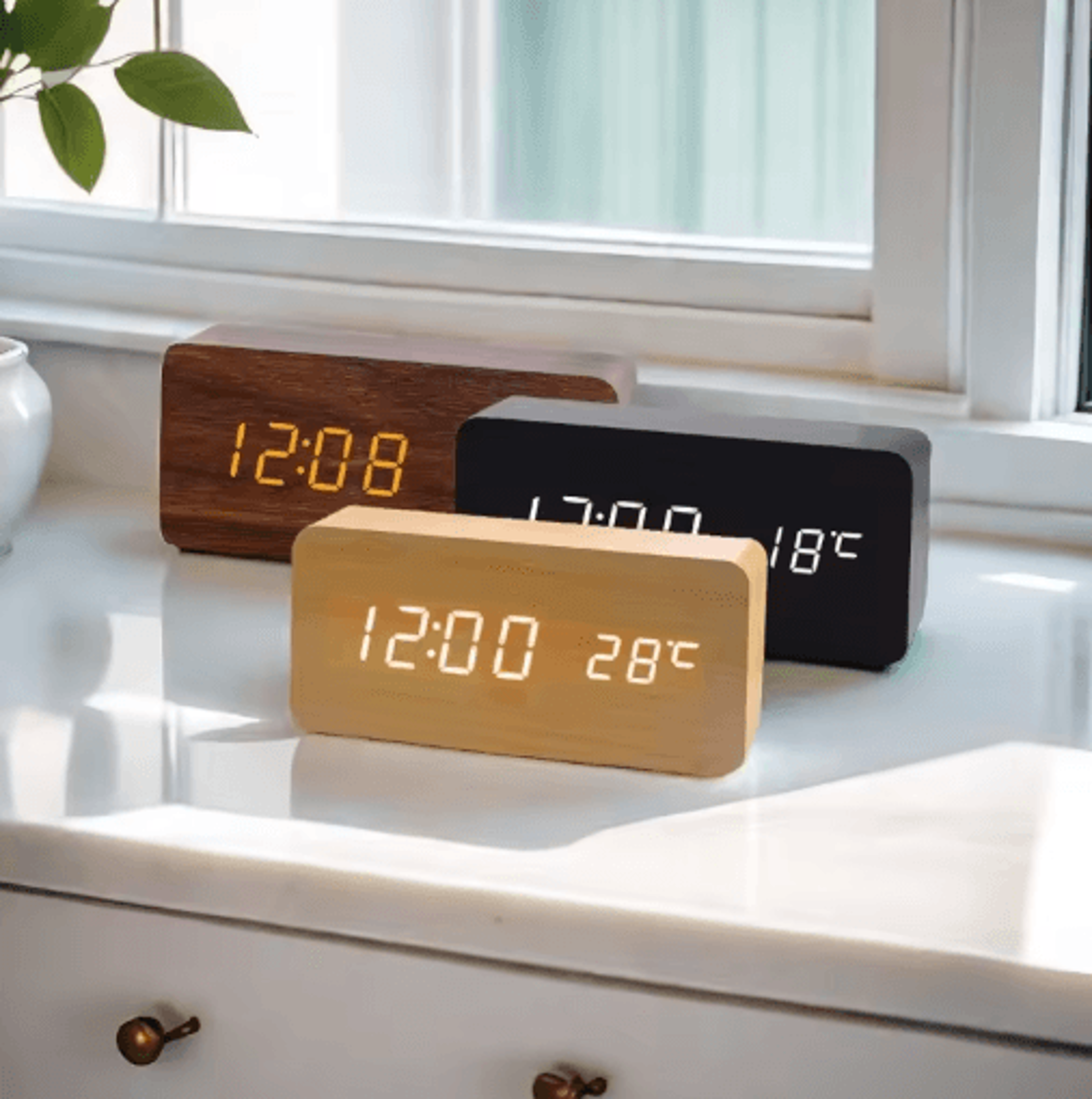 wooden led alarm clock – voice control digital table clock for modern decor