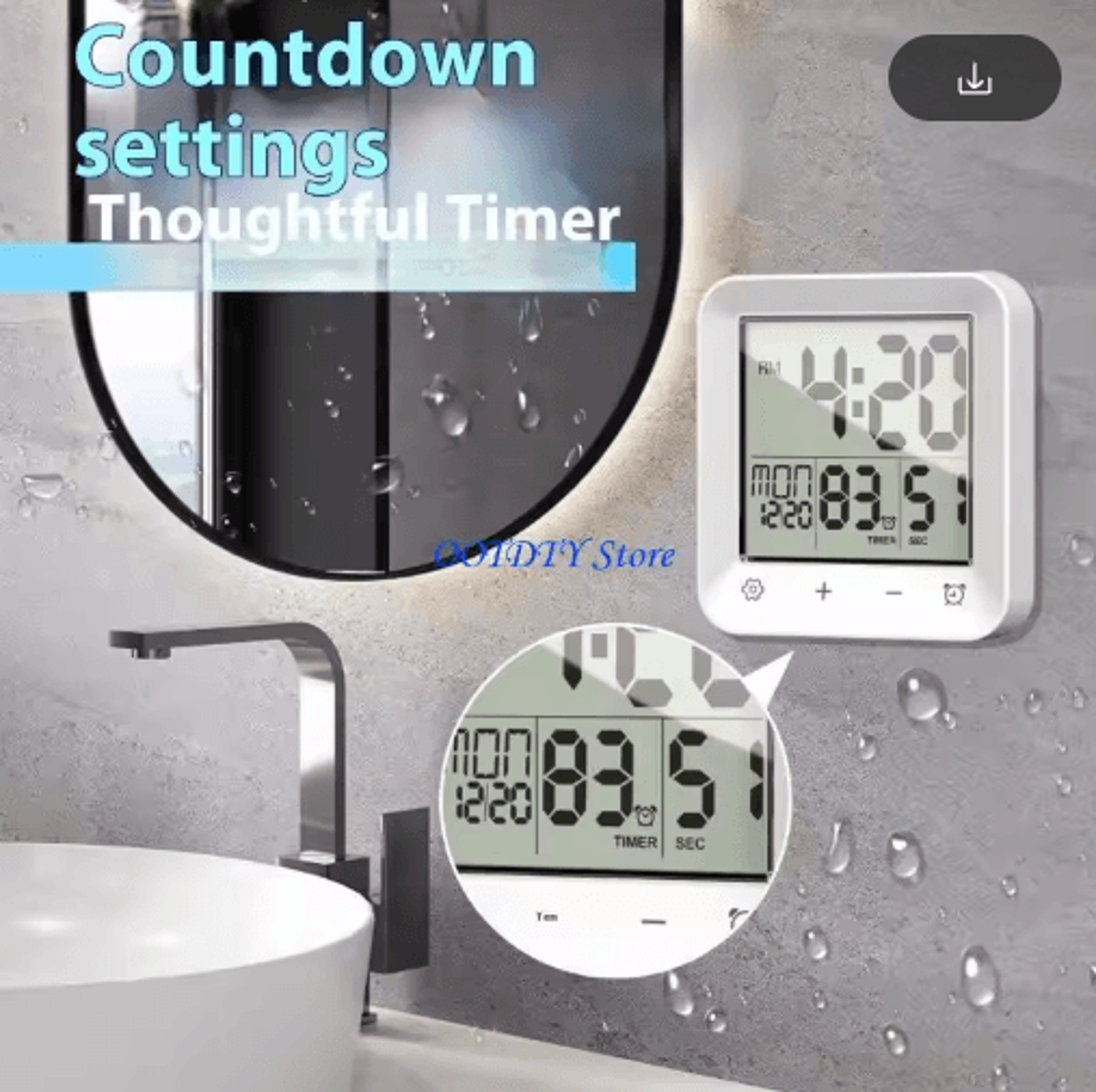 367a water-resistant bathroom clock – lcd suction cup clock with temperature & calendar