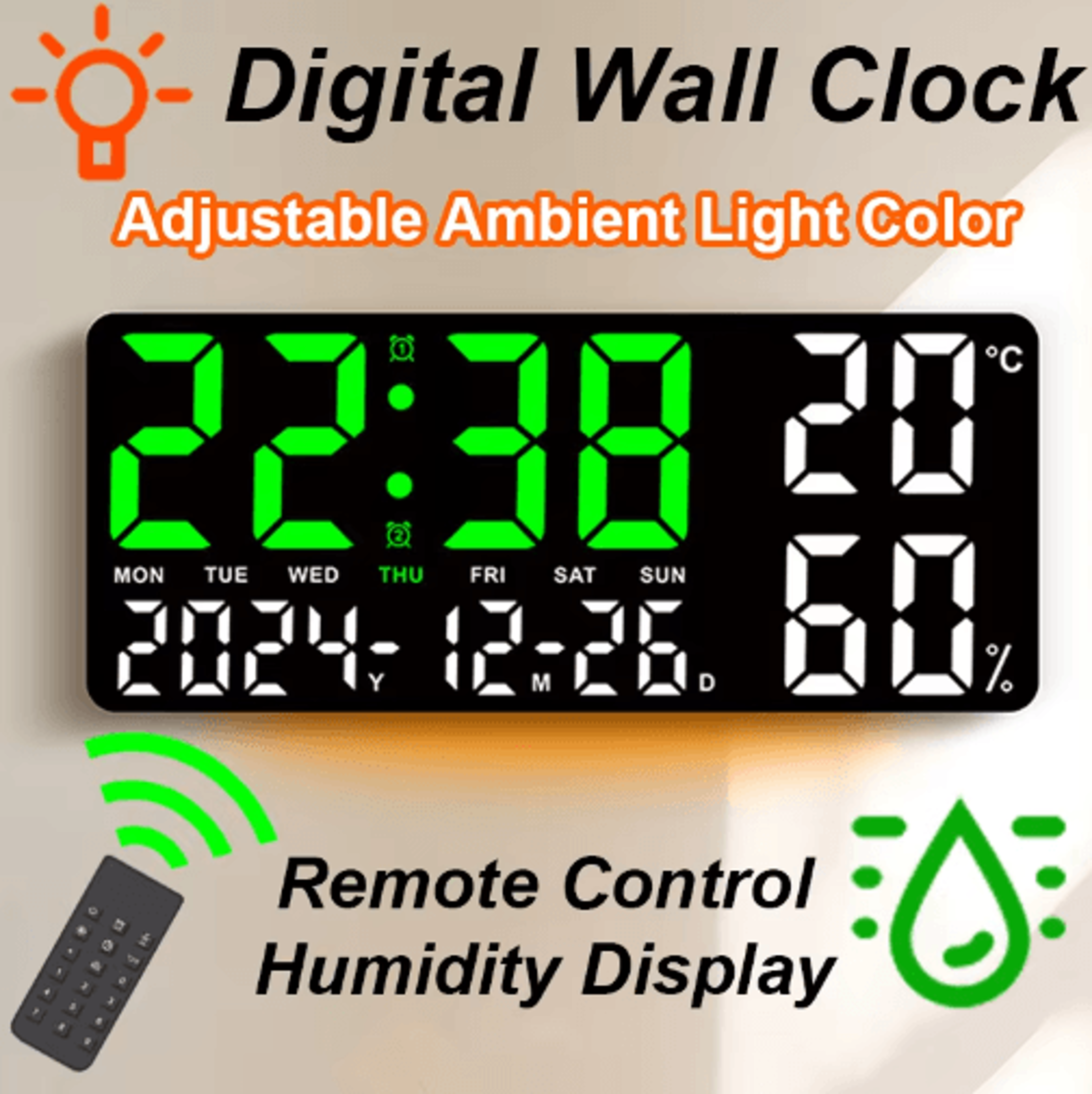 led digital wall clock – atmosphere lights, remote control & temperature display