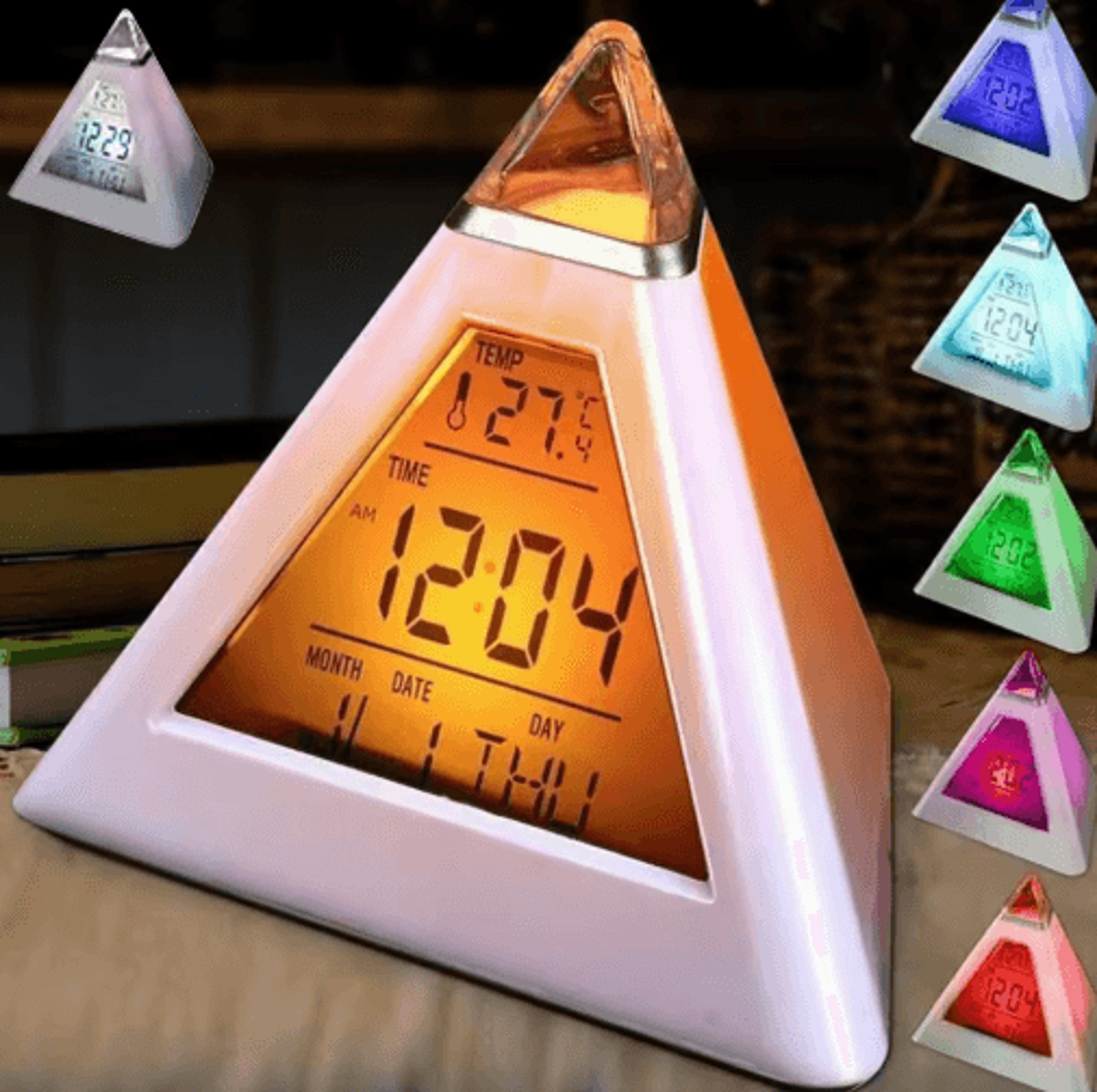 7-color led pyramid alarm clock – music, night light & snooze