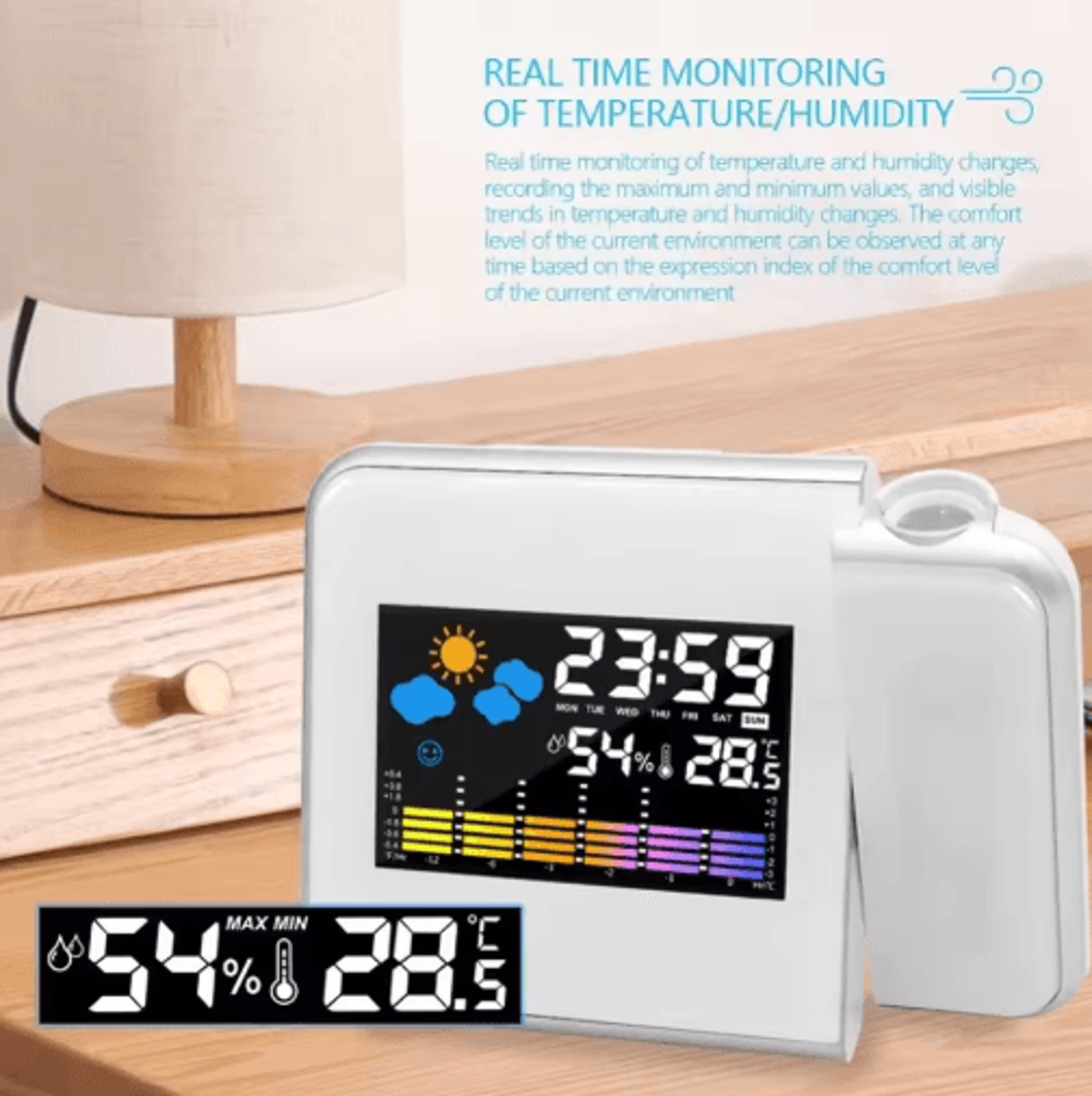 smart led projection alarm clock – adjustable digital weather station clock