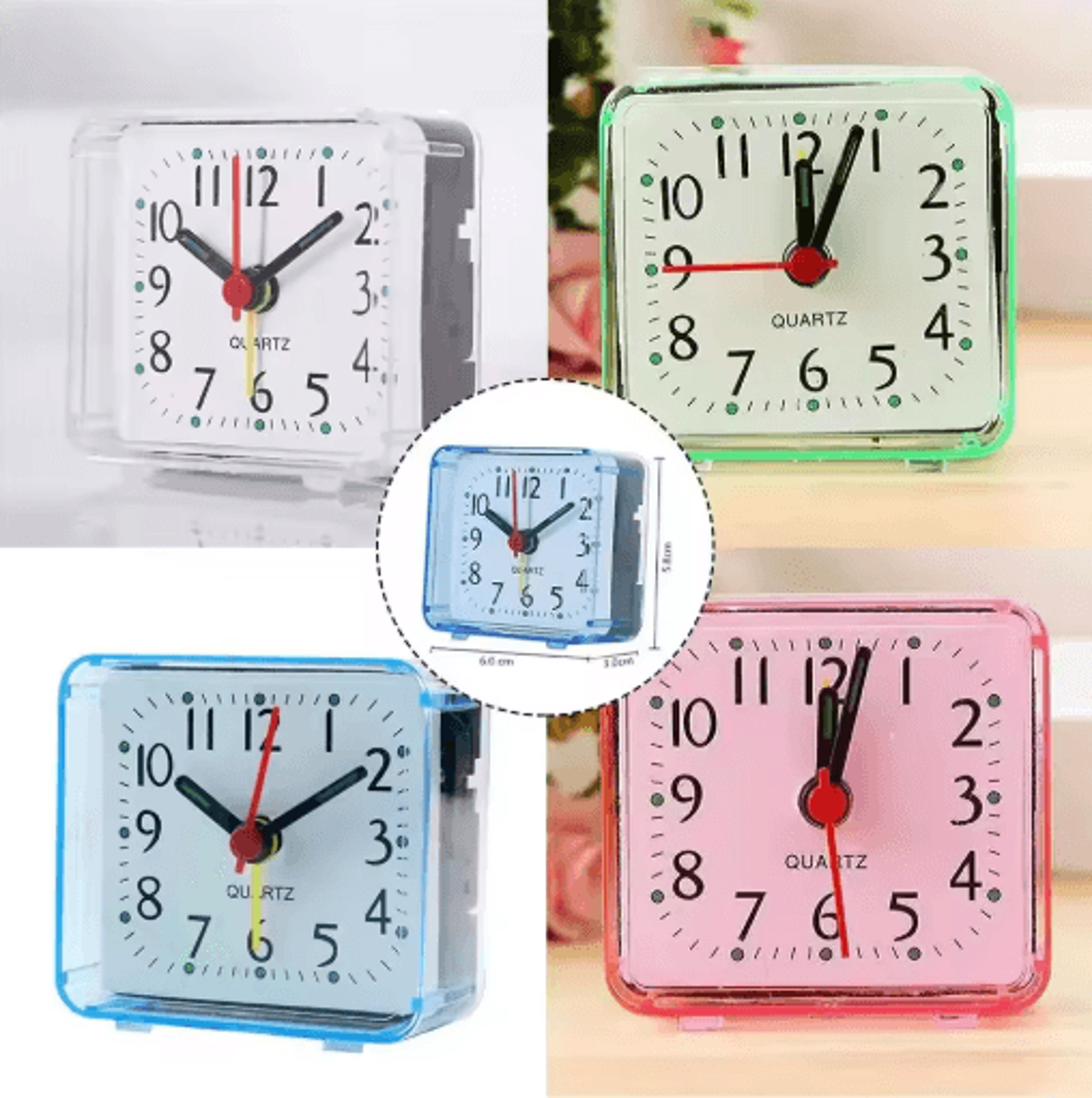 compact square alarm clock – small quartz desk & travel clock