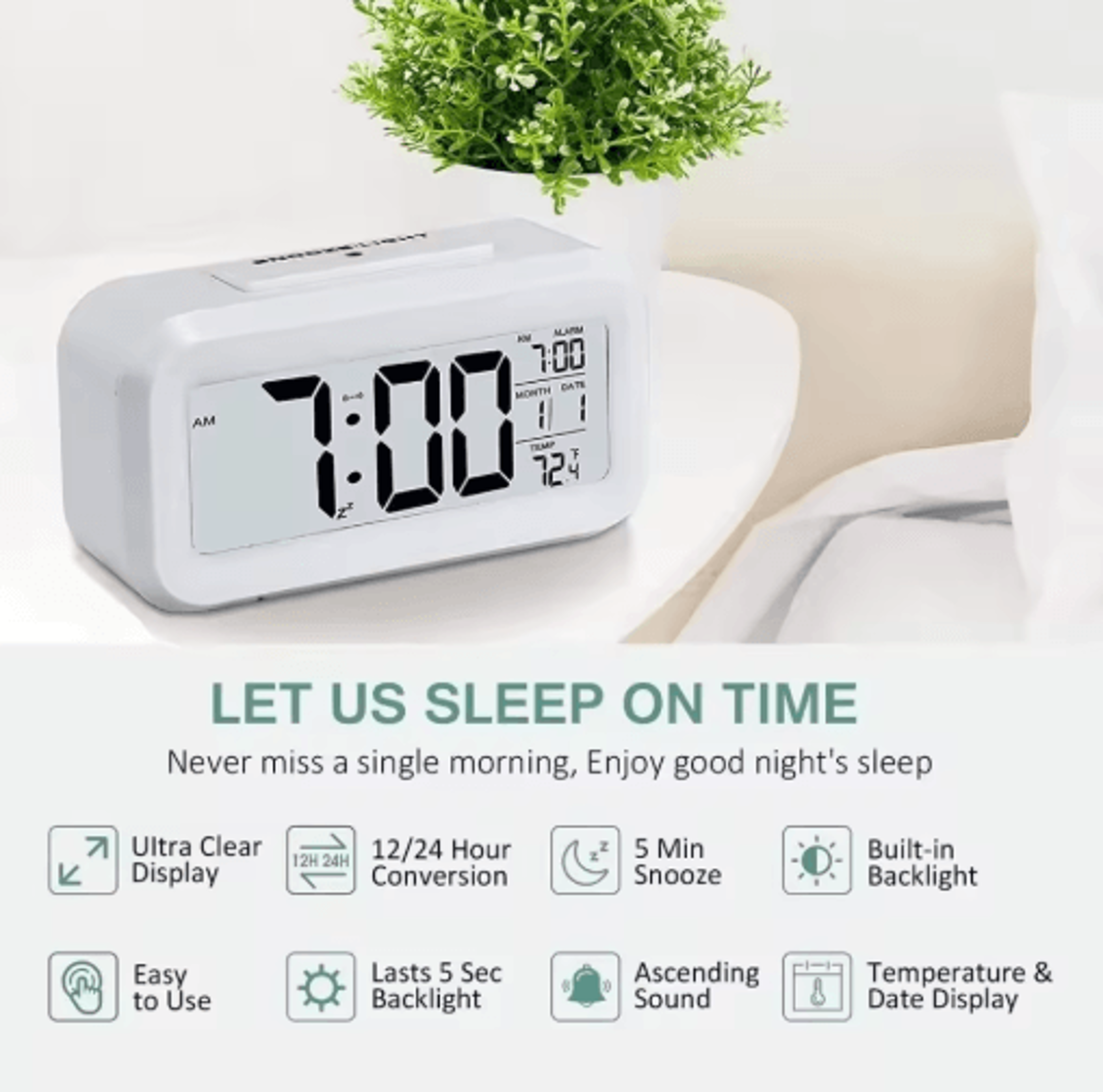 led digital alarm clock backlit desk clock with snooze & calendar