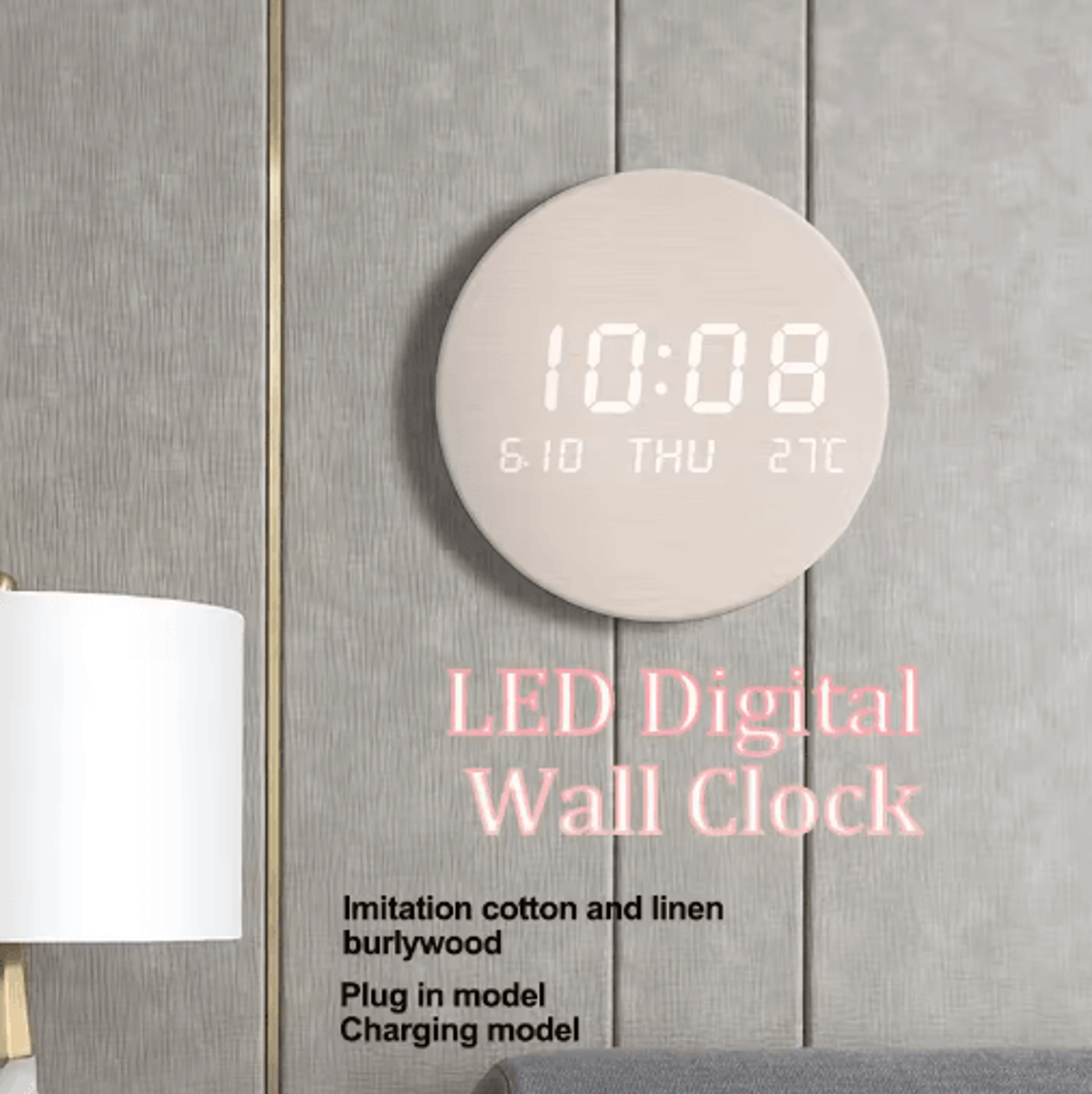 led digital wall clock – silent time, date & temperature display