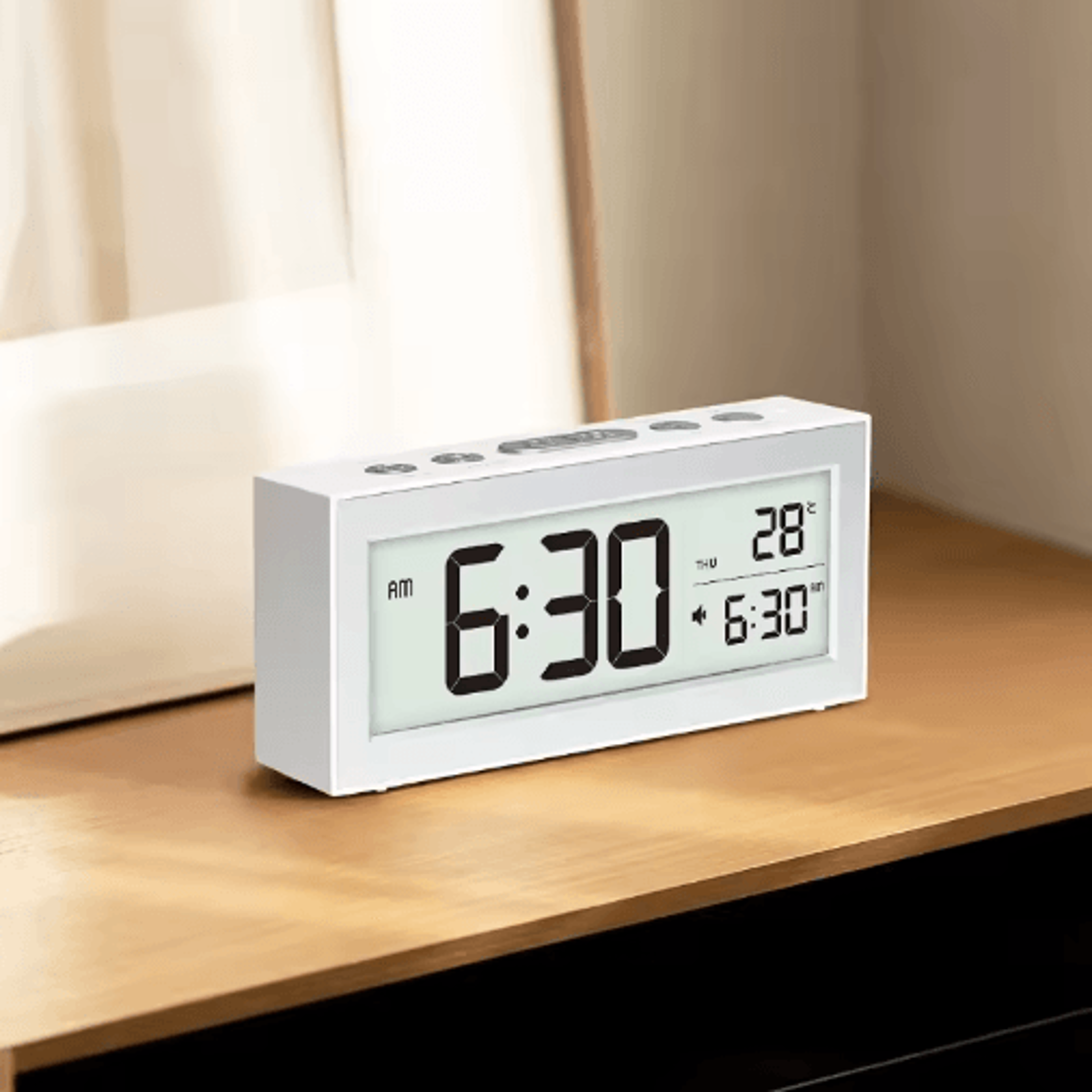 battery powered lcd alarm clock – temperature, date & auto dimming display