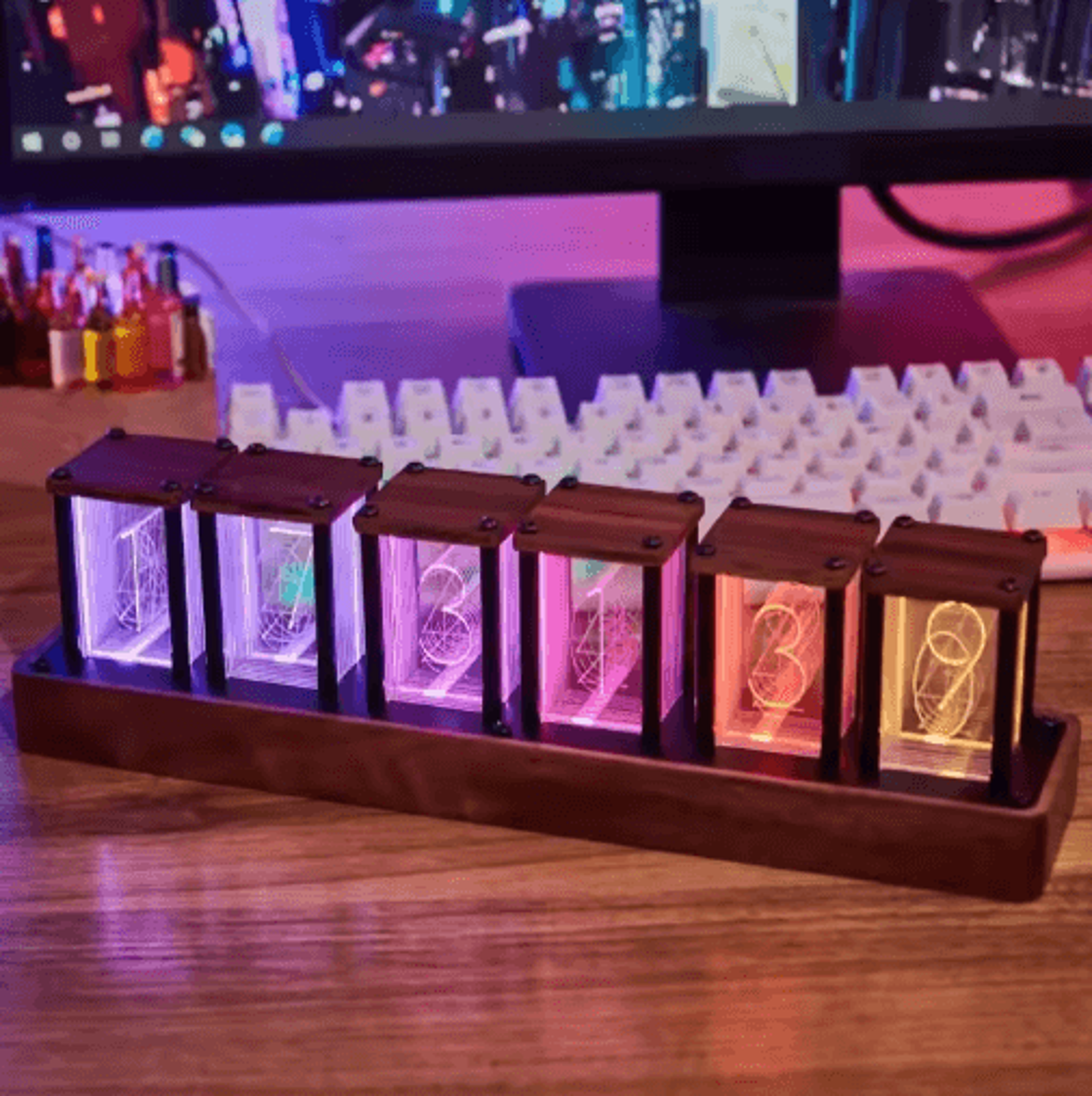 rgb glow tube clock – walnut led digital alarm clock with full-color lighting