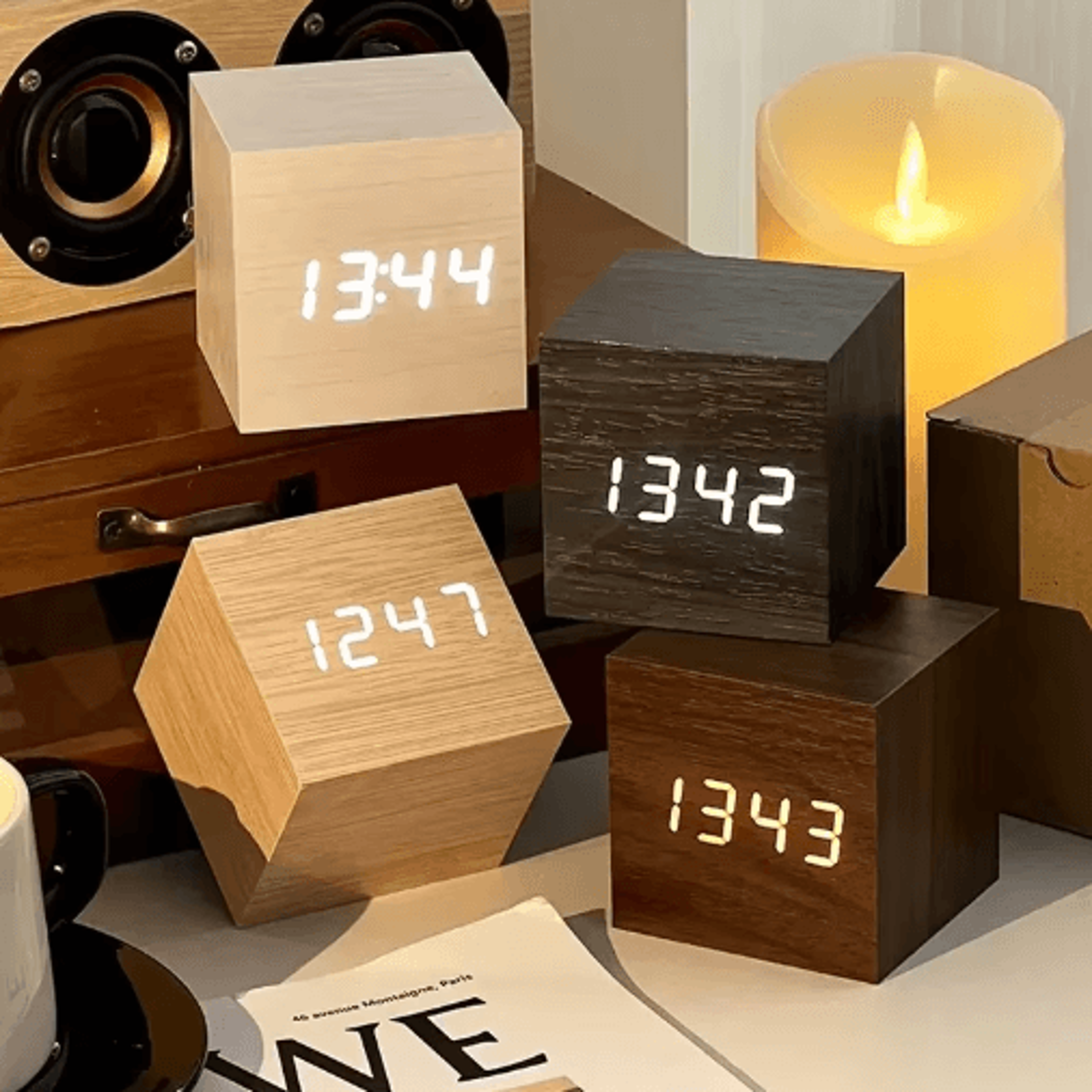 square wood led alarm clock – voice control & snooze desk clock