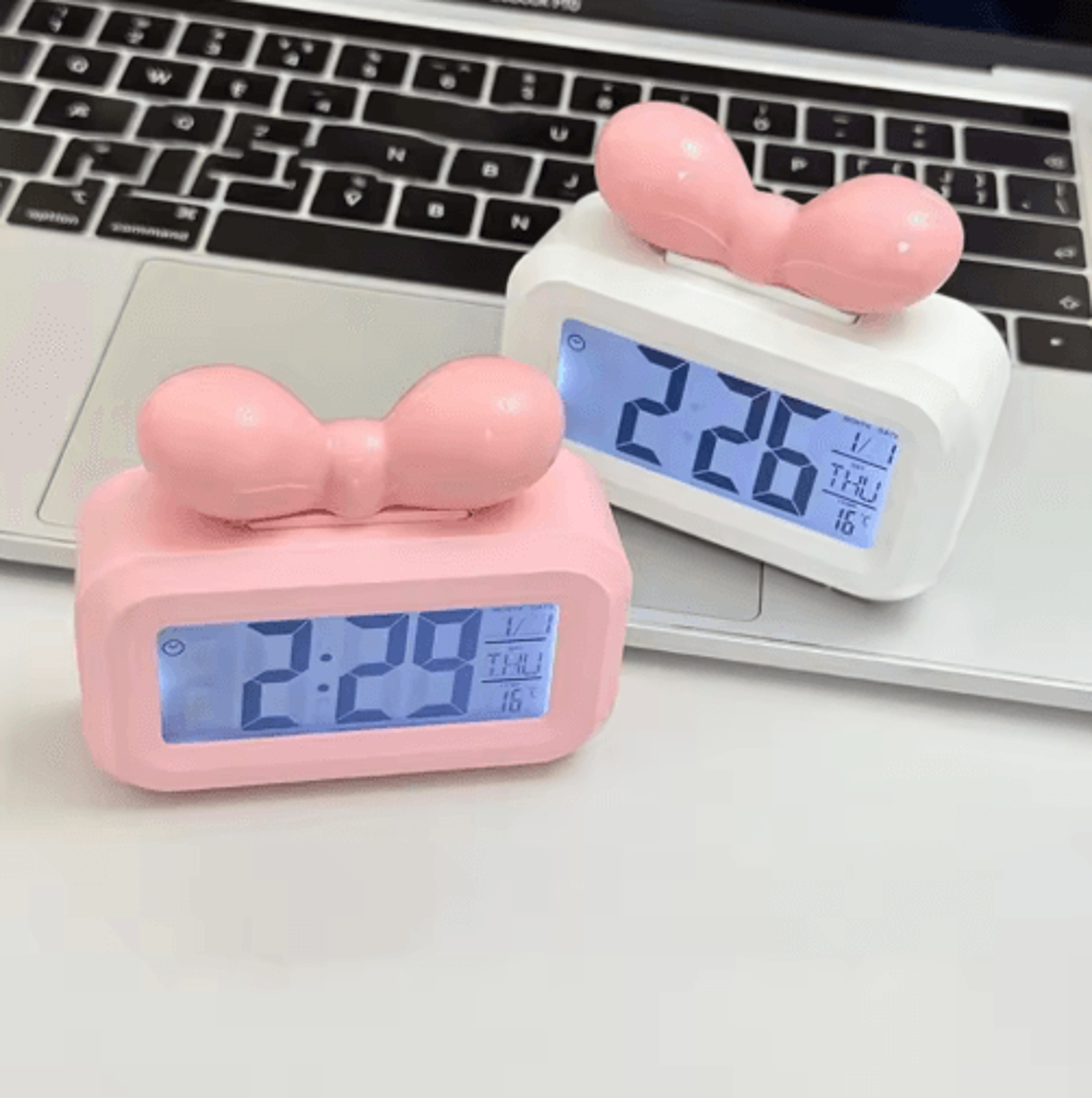 cute bowknot led alarm clock – mini night light & temperature display