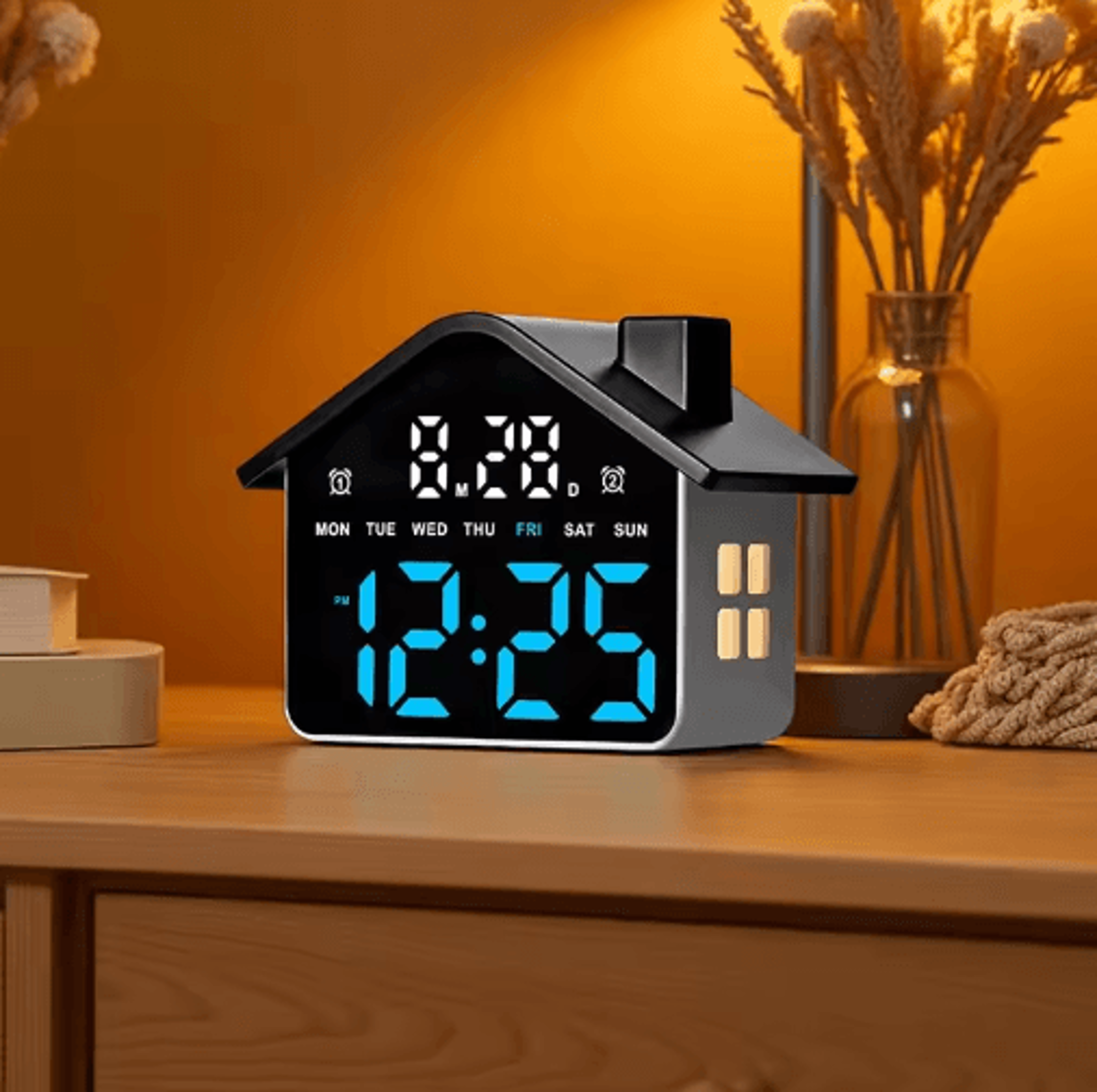 led house-shaped alarm clock – night light with date & week display
