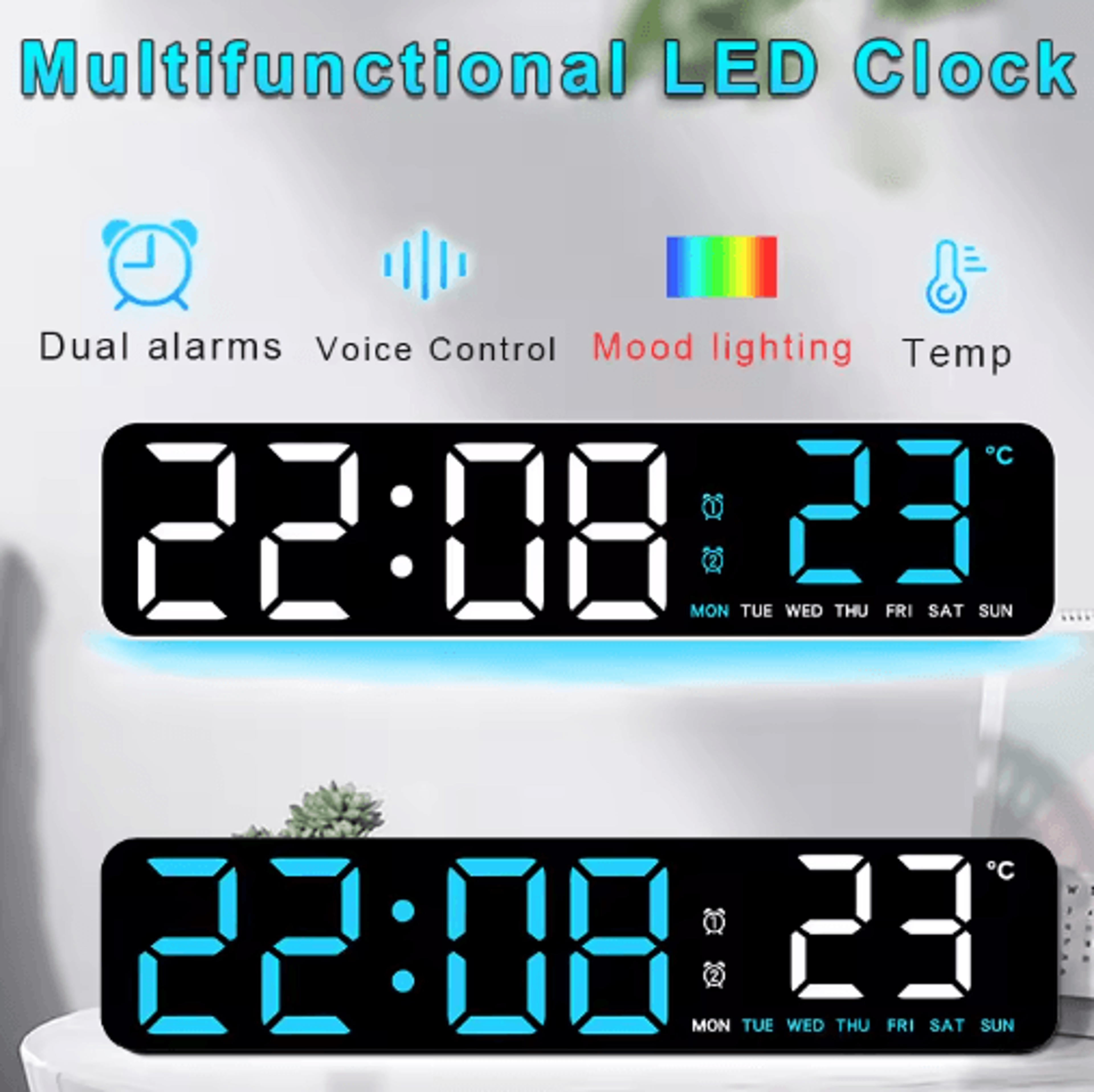 voice control led alarm clock – dual alarms, countdown timer & ambient light