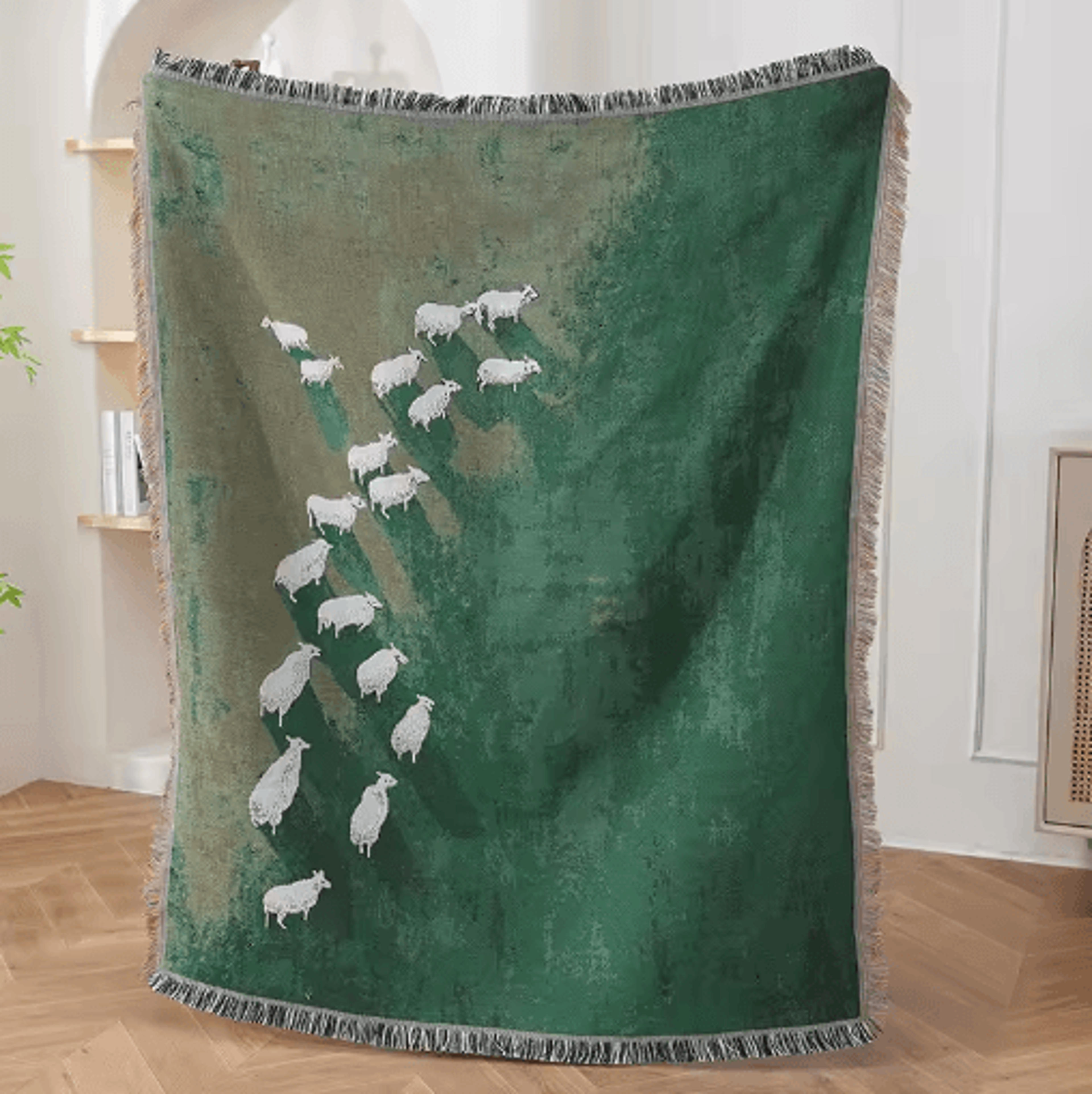 sheep meadow jacquard throw blanket – whimsical fringed farmhouse decor