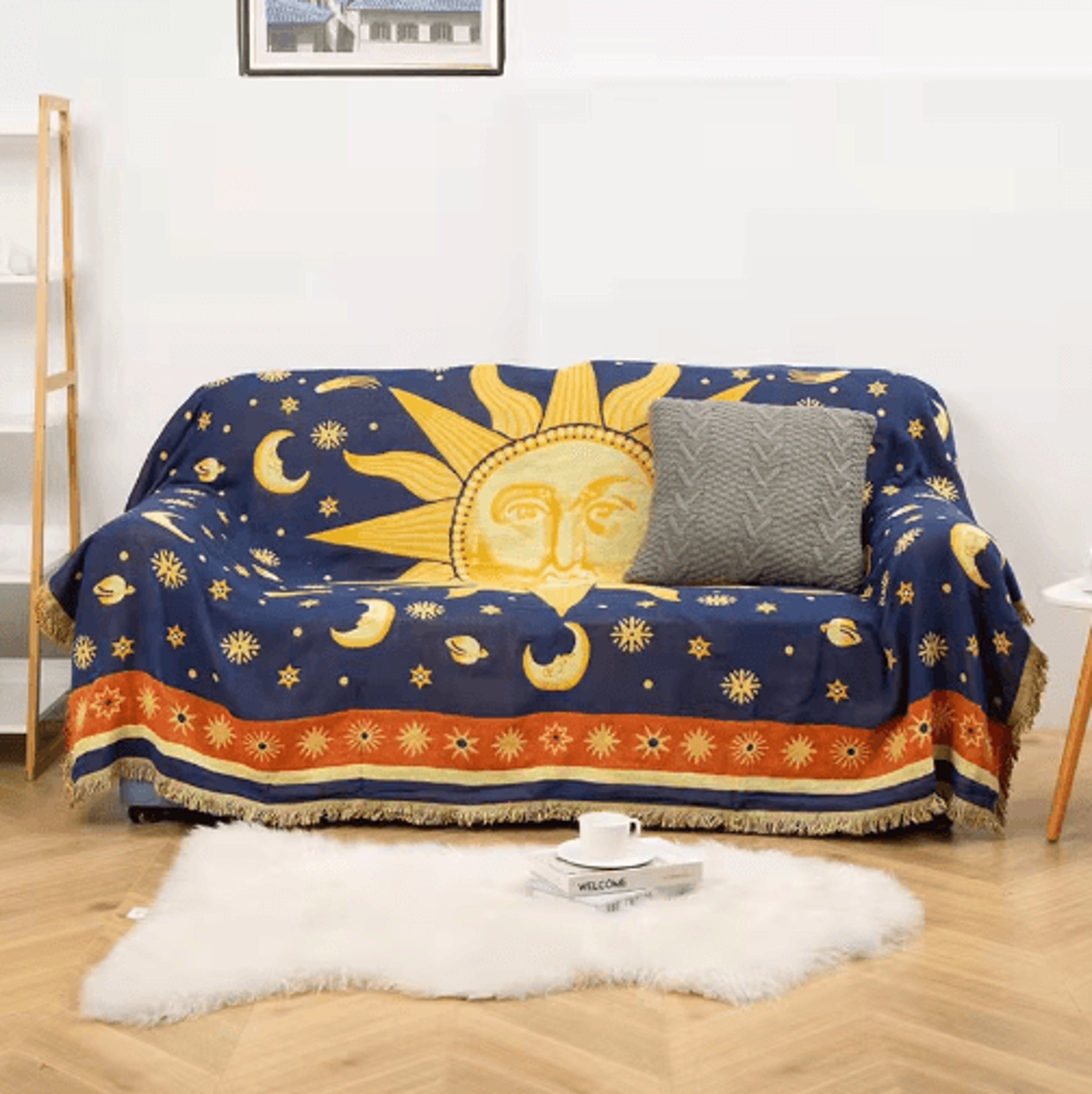 retro sun & moon jacquard woven blanket – celestial sofa throw decor