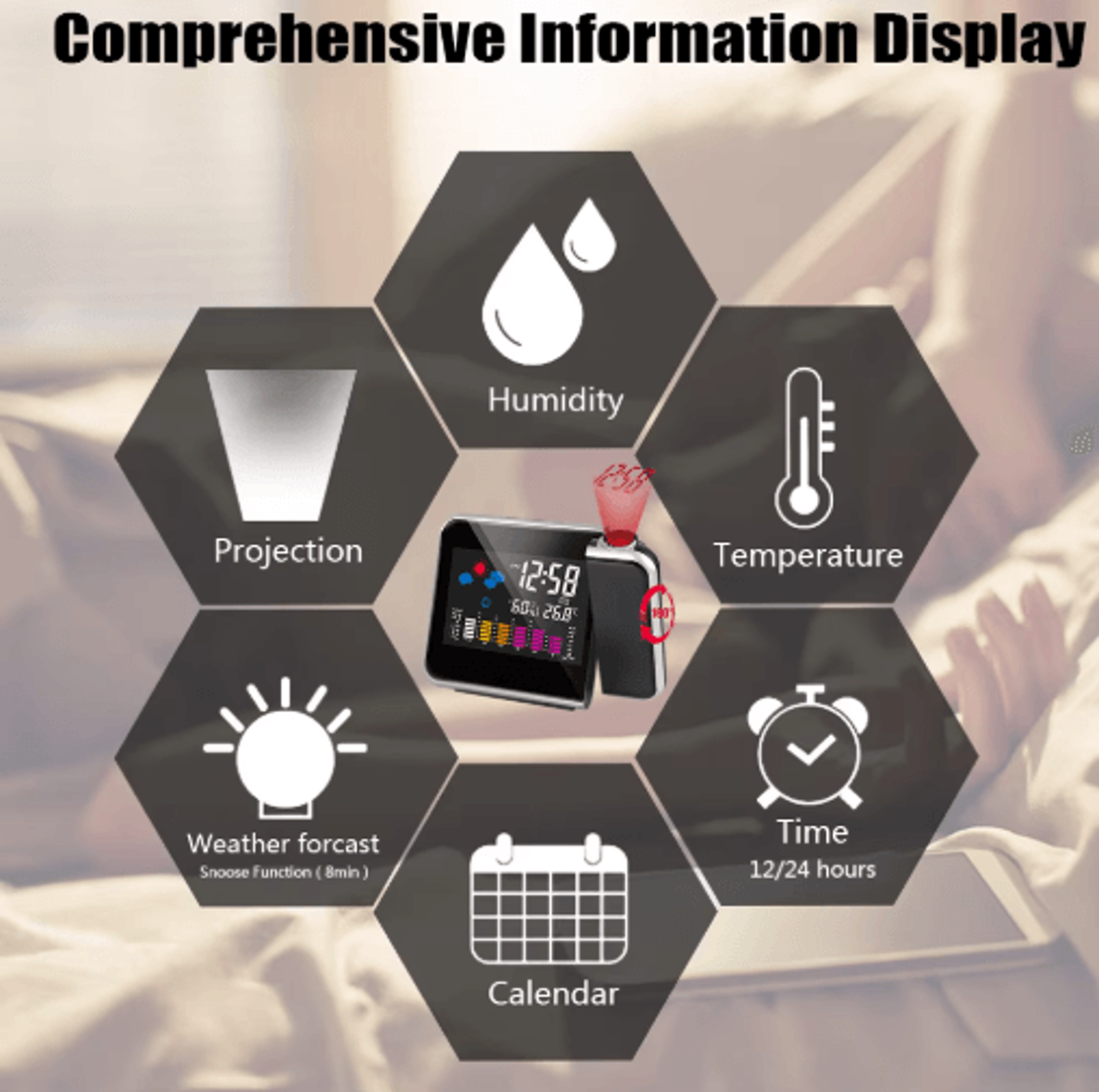color display projection alarm clock – rotatable digital weather station