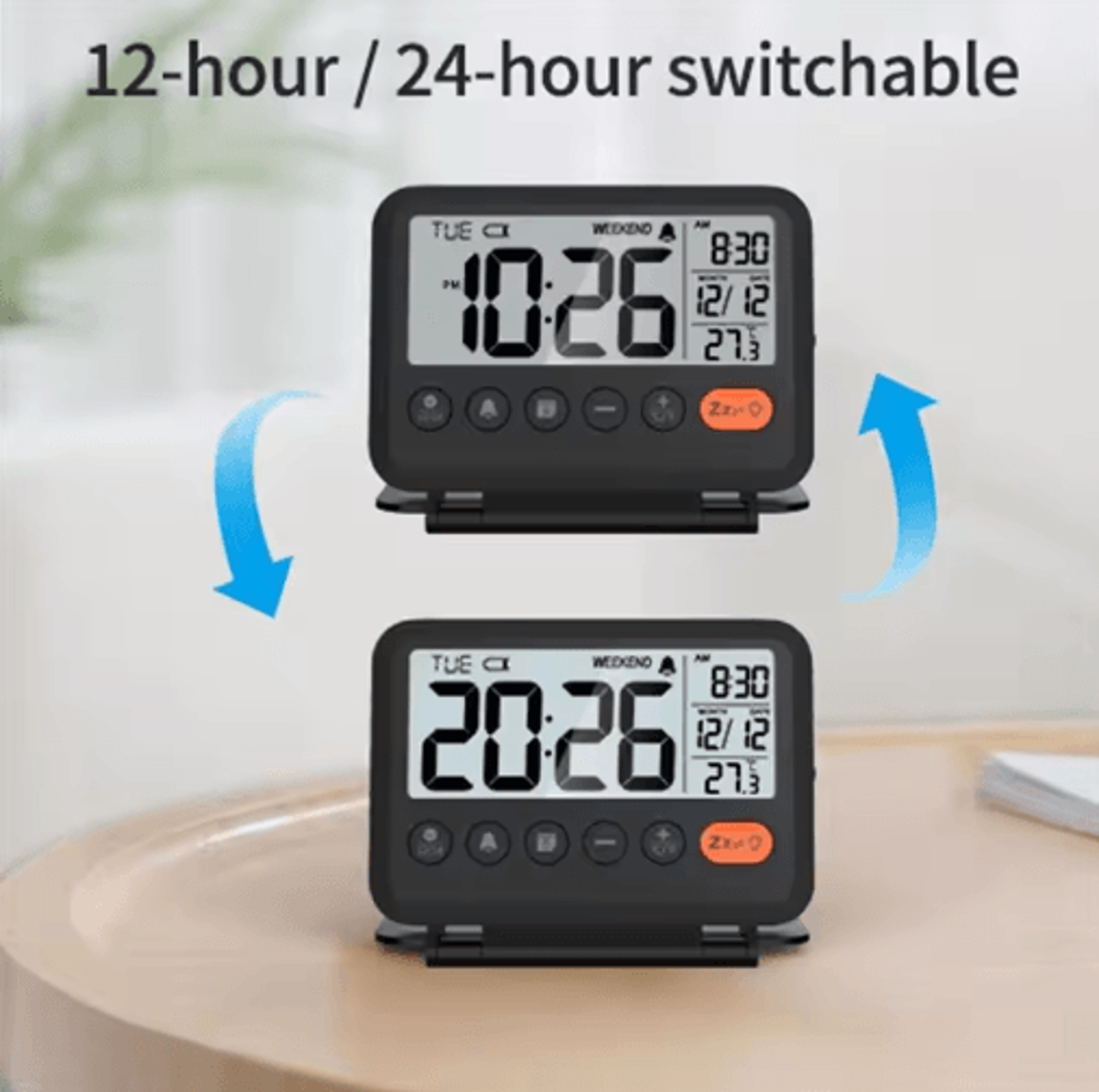 noklead folding digital travel clock – lcd thermometer, calendar & alarm