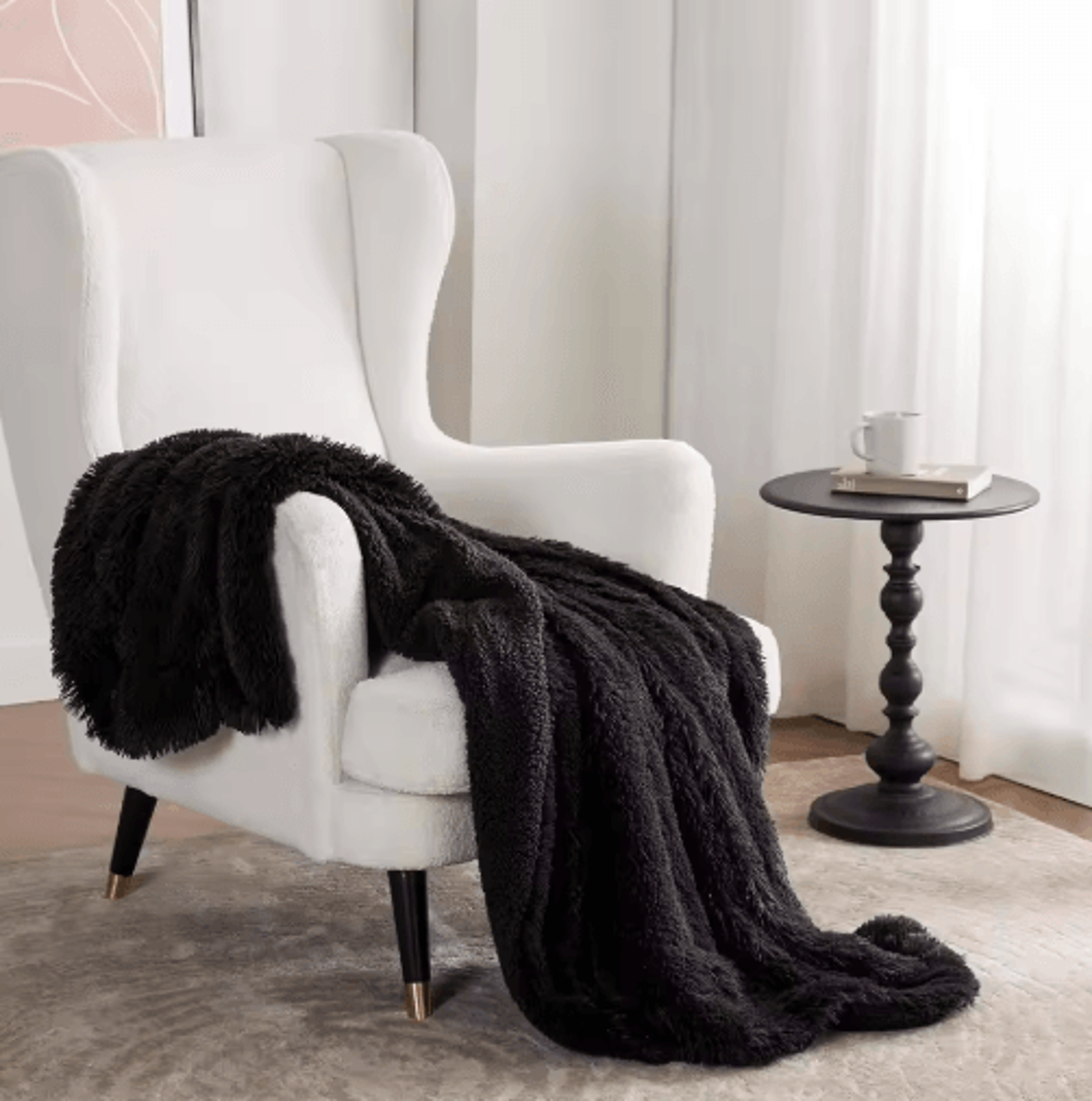 fluffy black faux fur throw blanket – thick sherpa fleece couch & bed cover