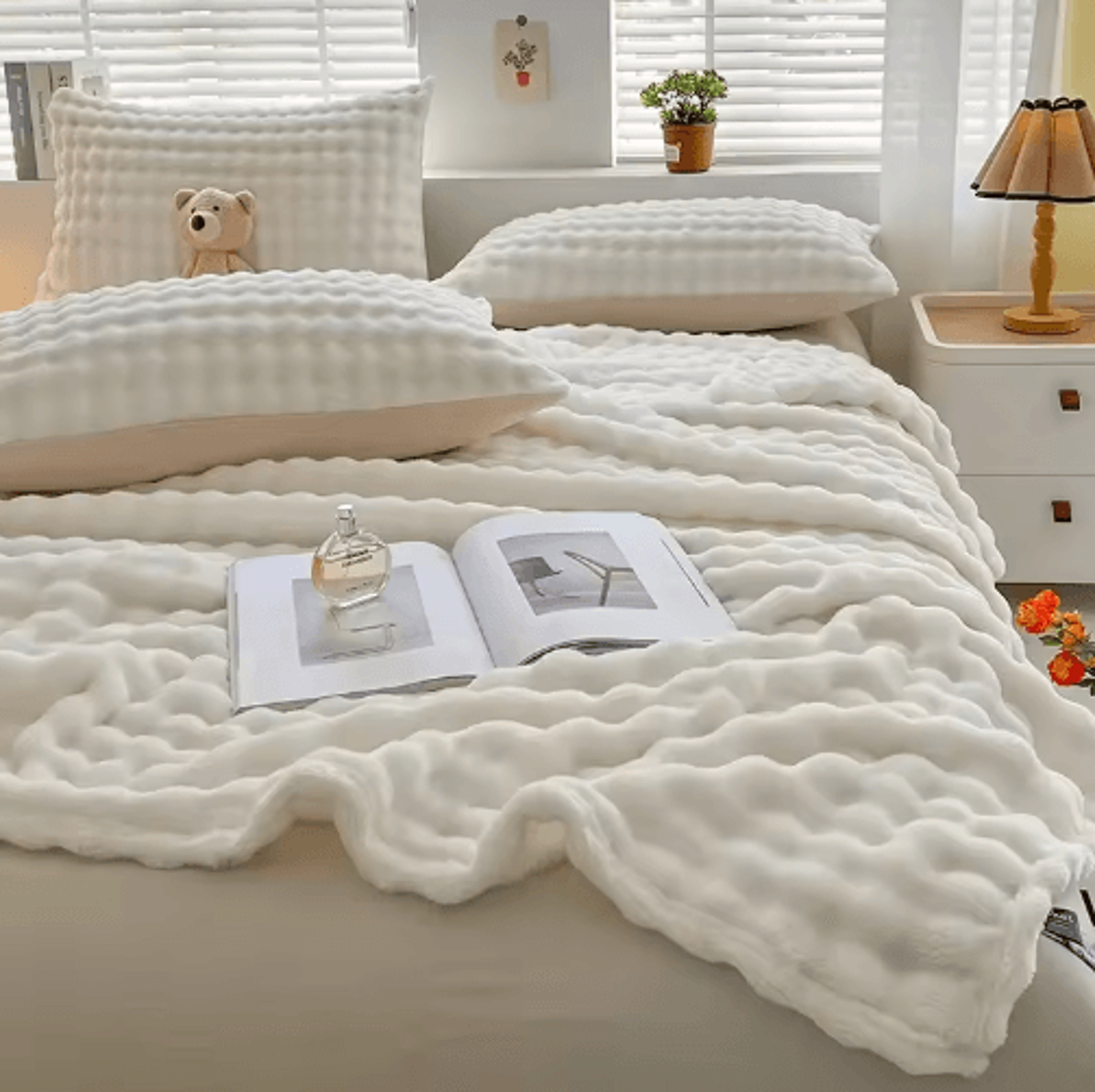 luxury faux rabbit fur throw blanket – soft white striped plush sofa cover