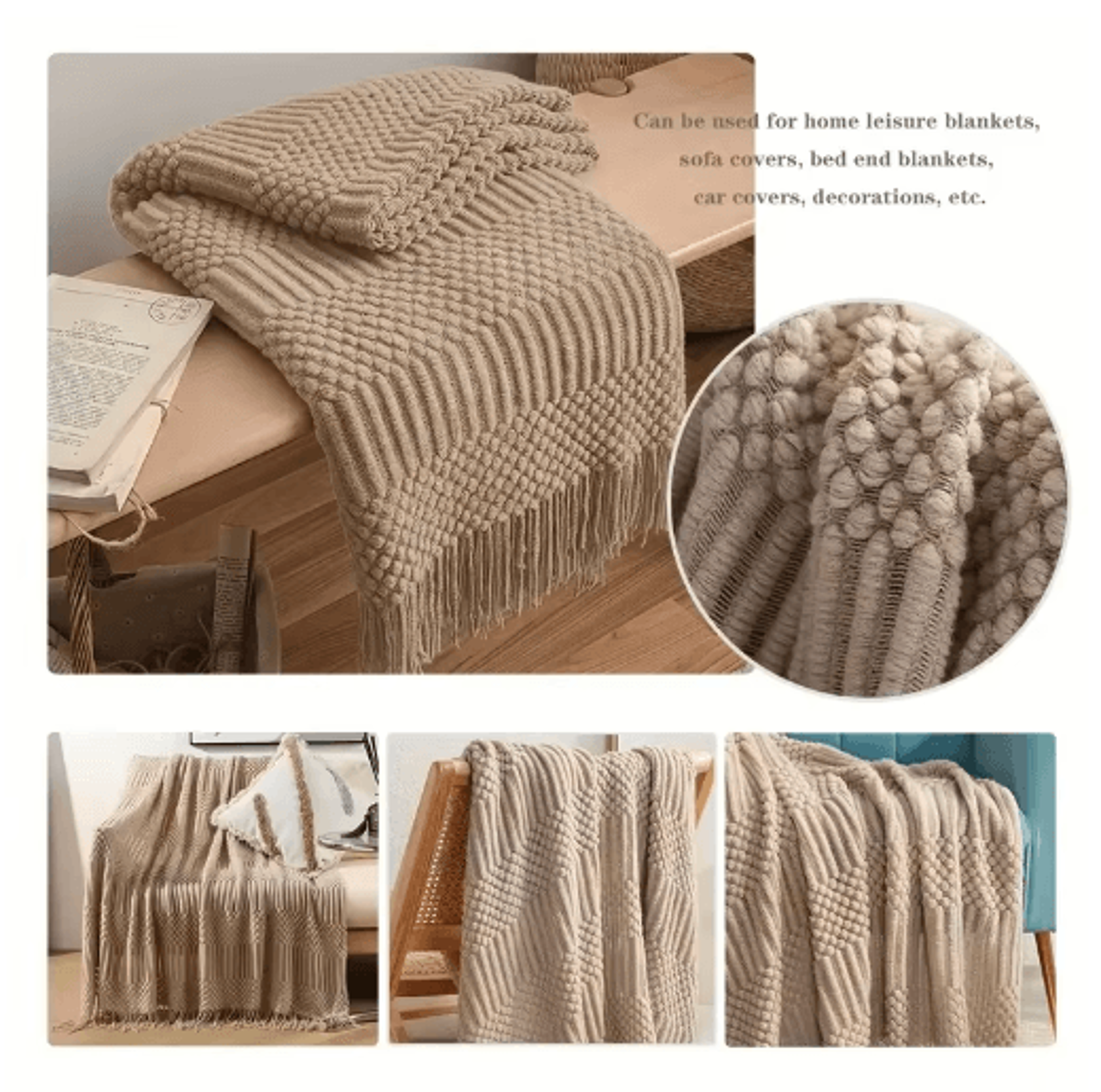 khaki chunky knitted blanket – vintage farmhouse tassel sofa & bed throw