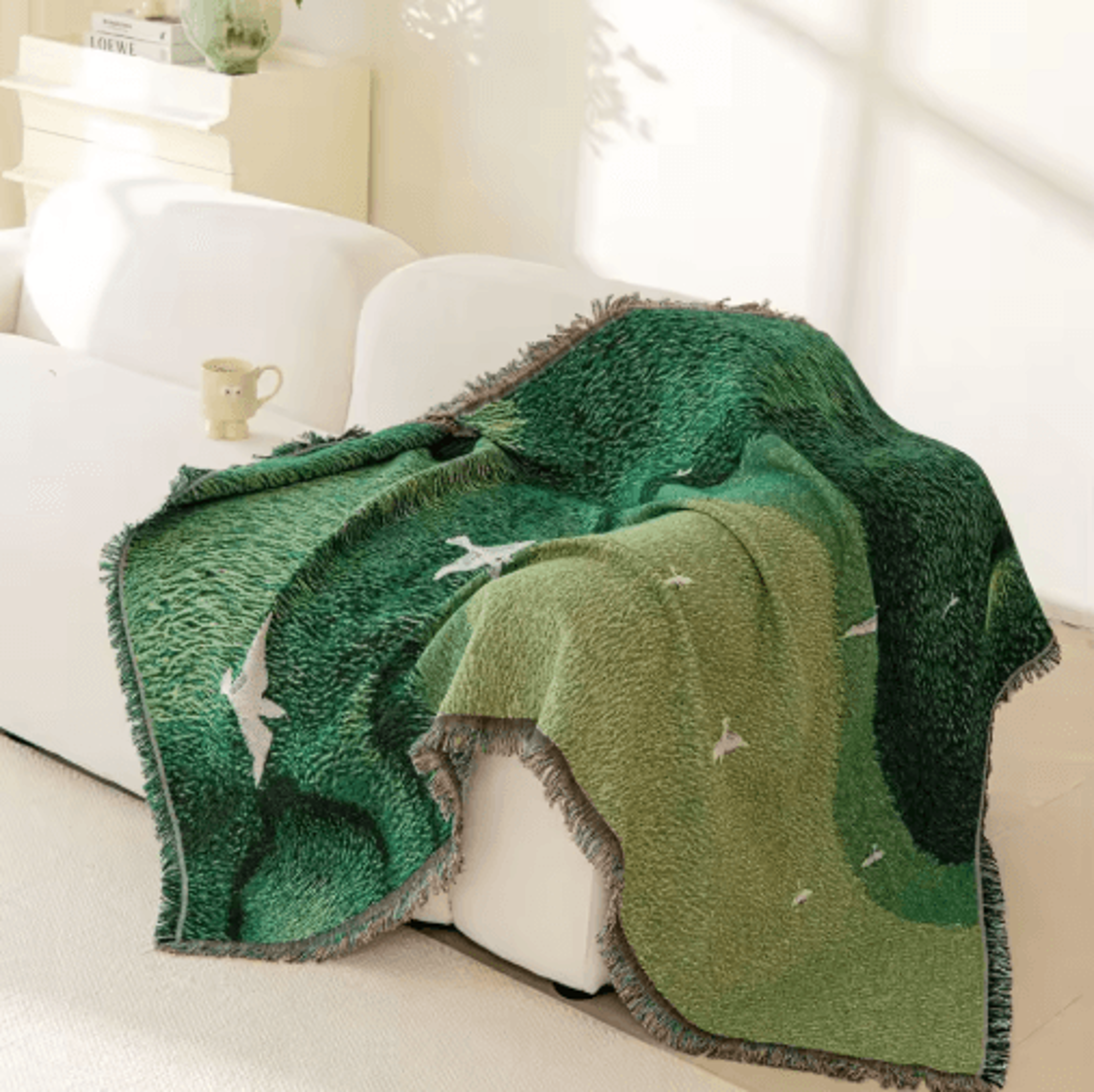 abstract landscape woven throw blanket – green scenic bird tapestry with fringe