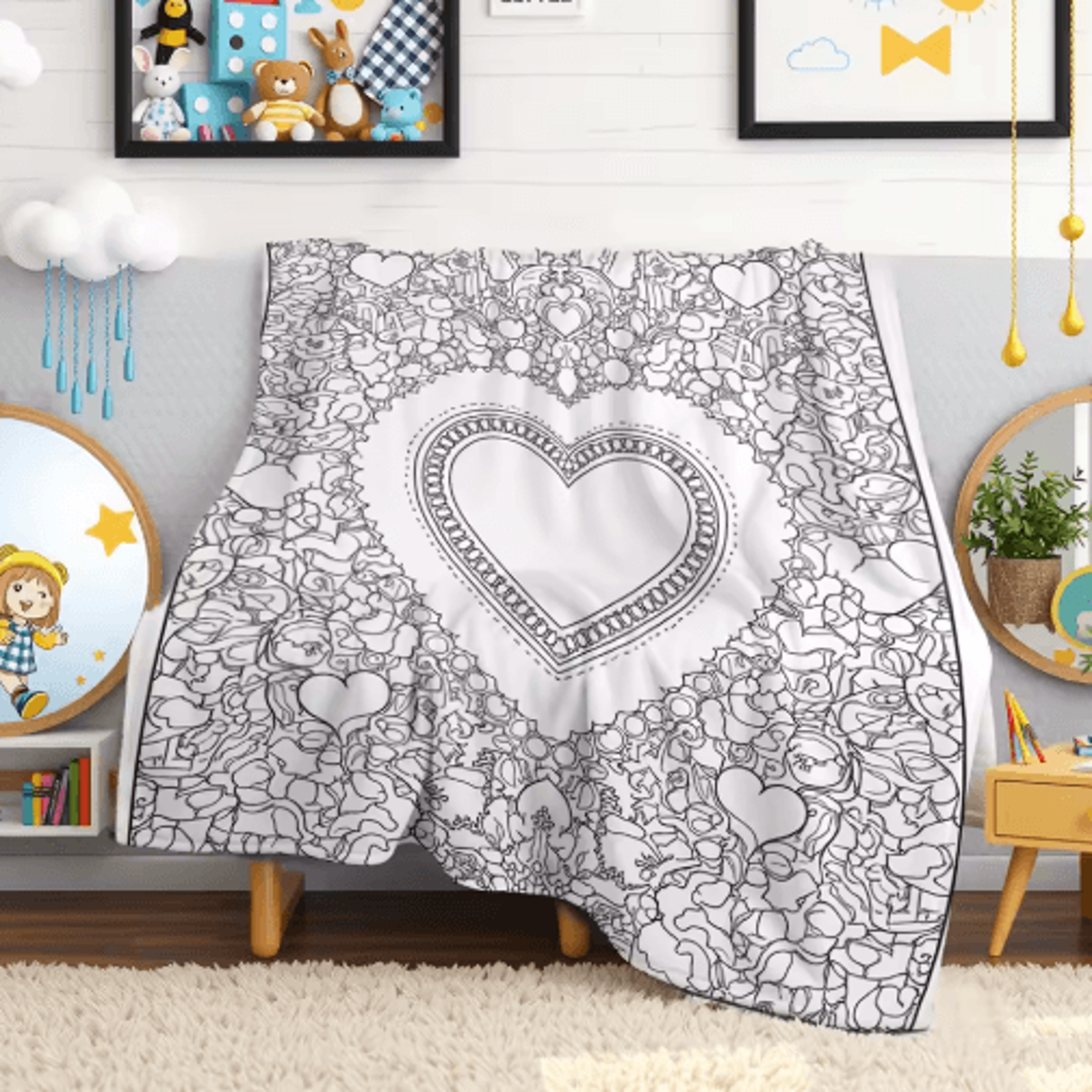 personalized coloring blanket – custom name heart fleece kids throw