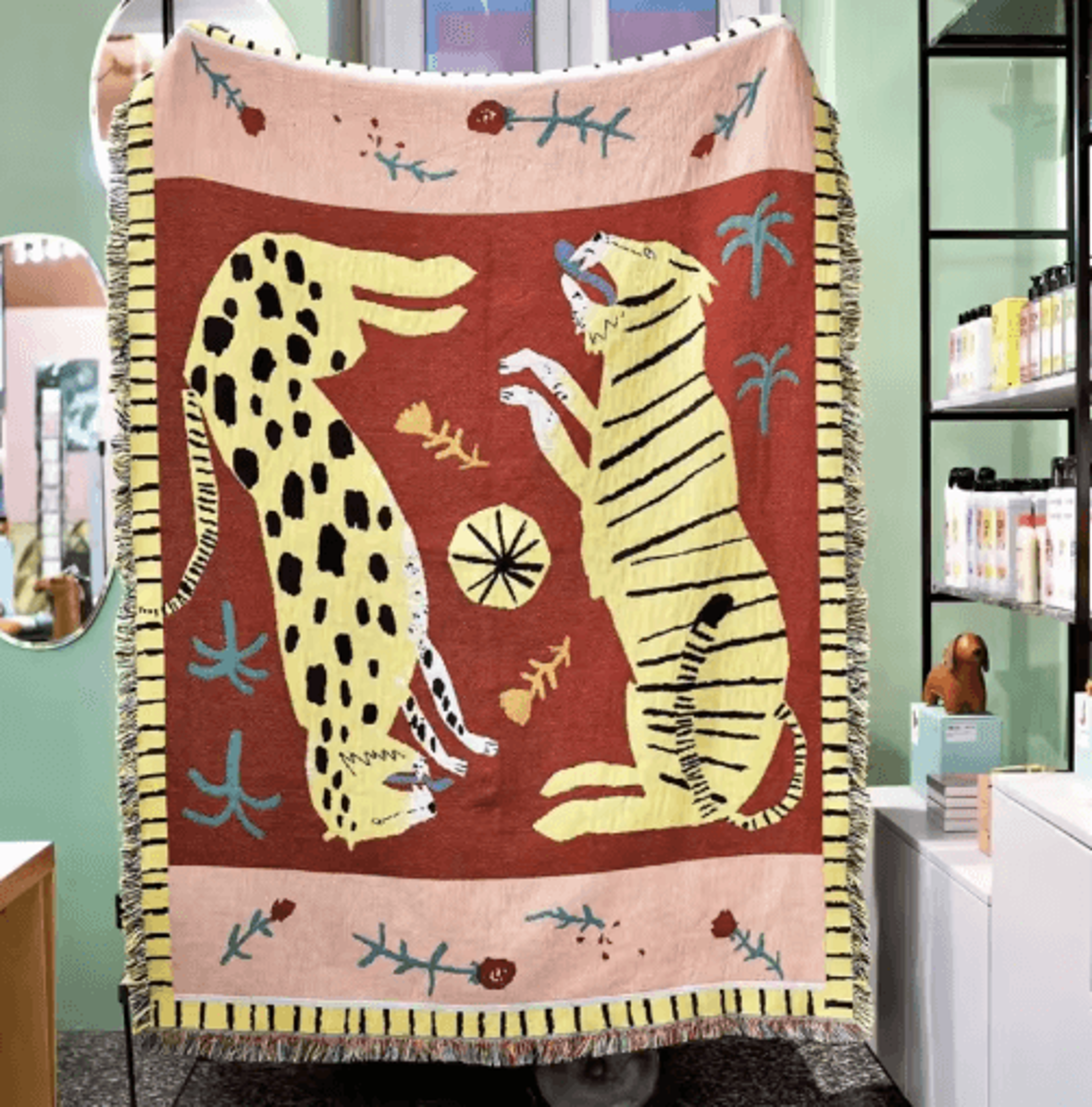 boho leopard & tiger jacquard throw blanket – safari woven tapestry with fringe