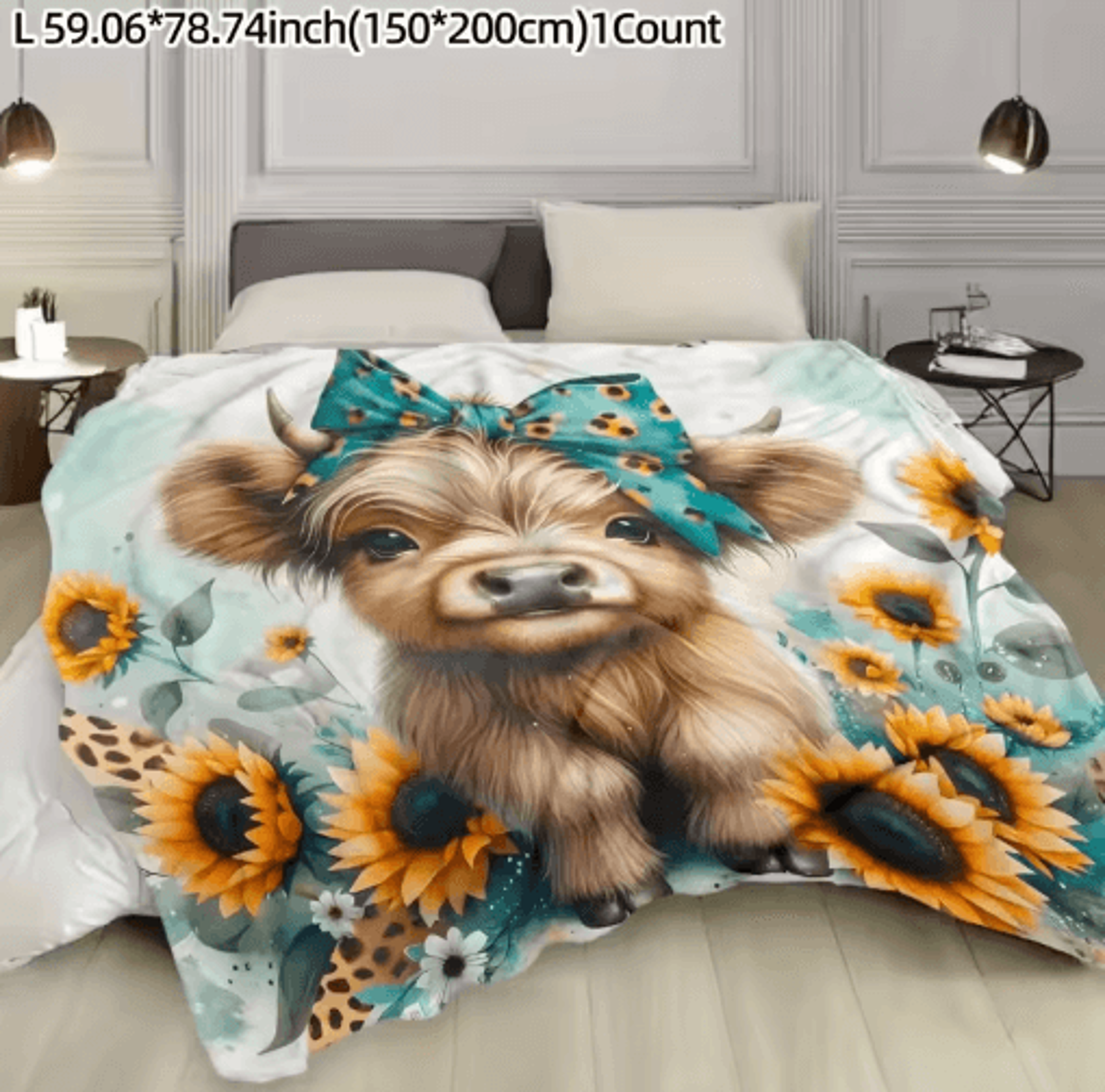 sunflower highland cow flannel blanket – soft cozy bed & sofa throw