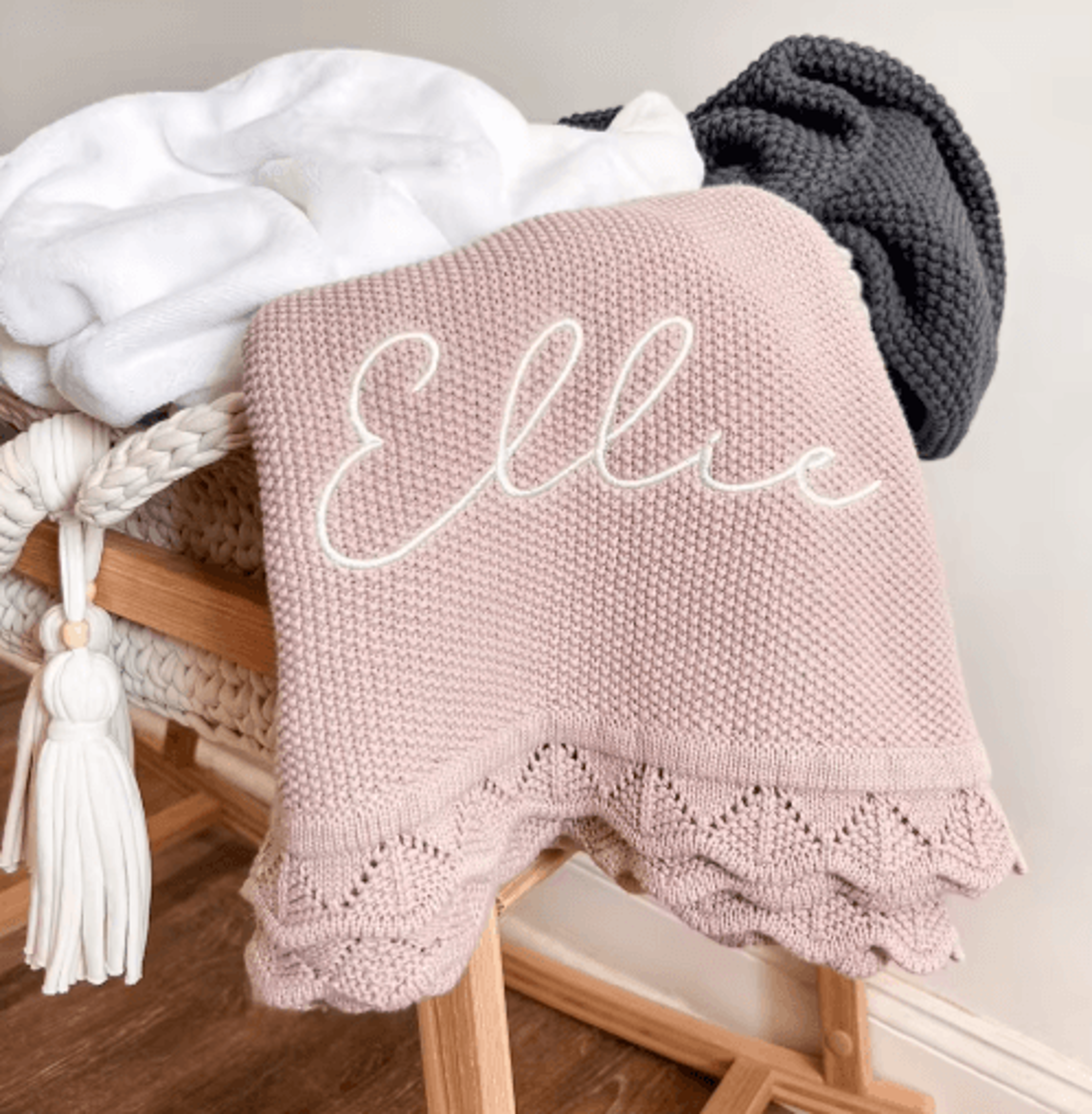personalized knitted baby blanket – embroidered name stroller & nursery cover