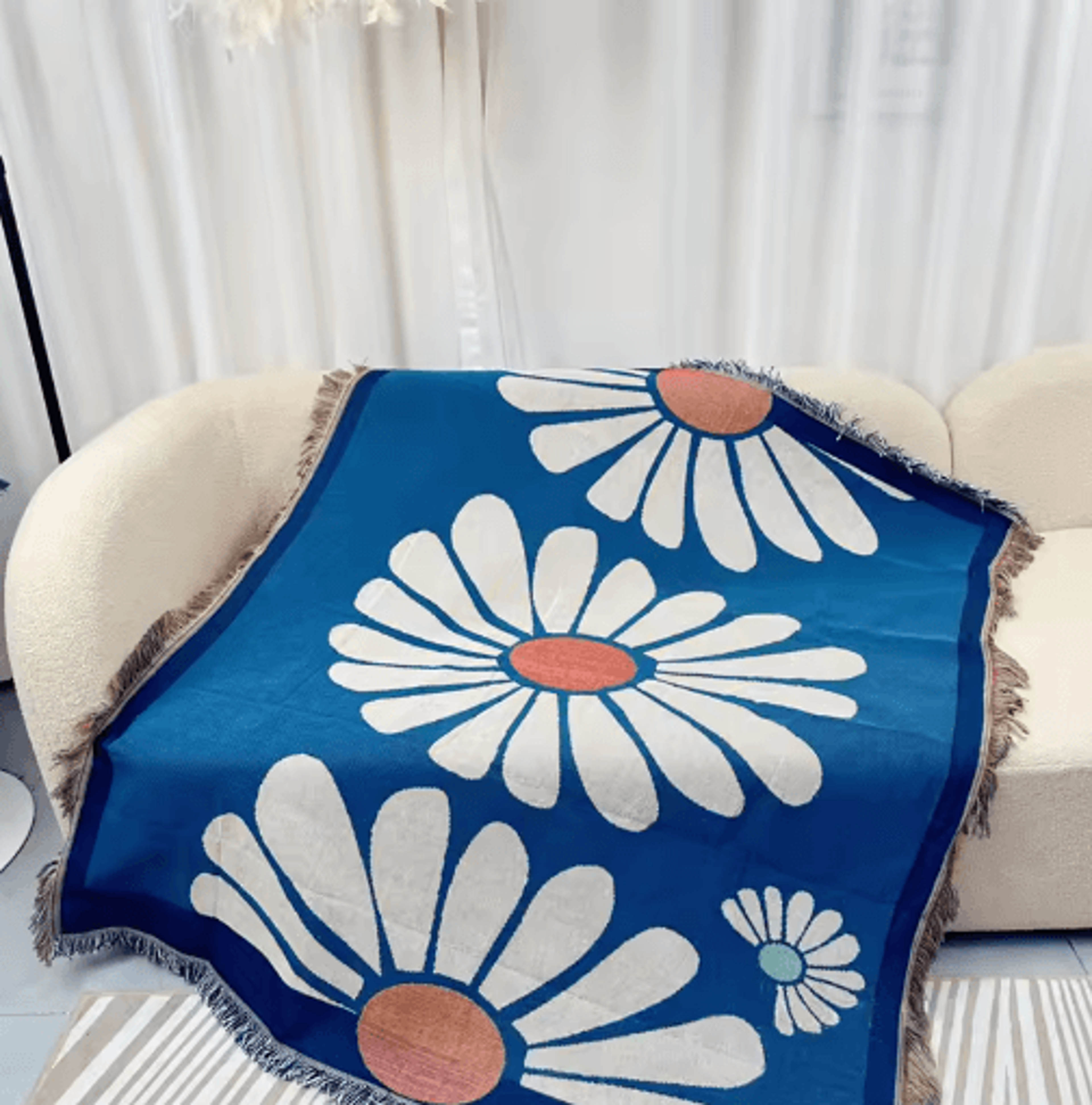 japanese abstract knitted throw blanket – blue geometric tassel tapestry